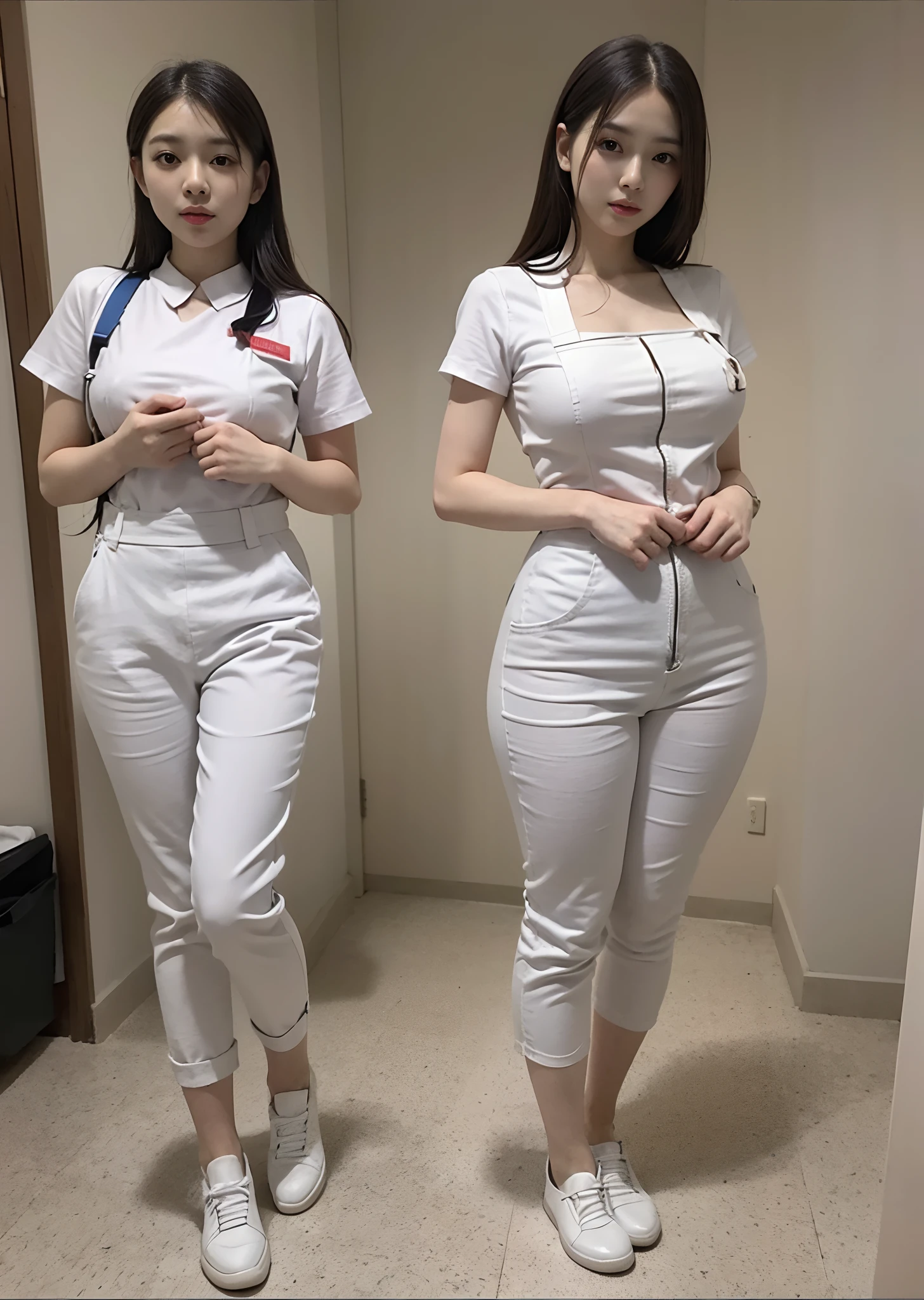 There was a woman in a white uniform, Nurse, full-body xianxia, nurse girl,  healthcare worker, Fitted nurse uniform，Split nurse overalls，Skinny white trousers，Nice nurse shoes，Breasts are plump，Slim waist，Stand dignified and generous，fully body photo