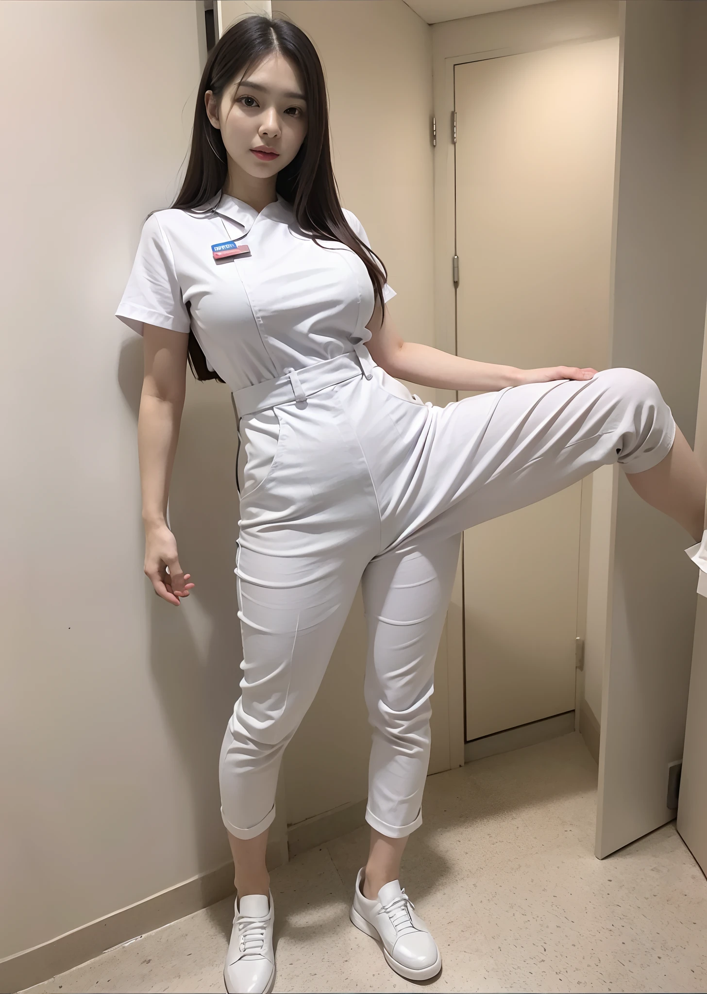 There was a woman in a white uniform, Nurse, full-body xianxia, nurse girl, healthcare worker, Fitted nurse uniform,Split nurse overalls,Skinny white trousers,Nice nurse shoes,Breasts are plump,Slim waist,Stand dignified and generous,fully body photo