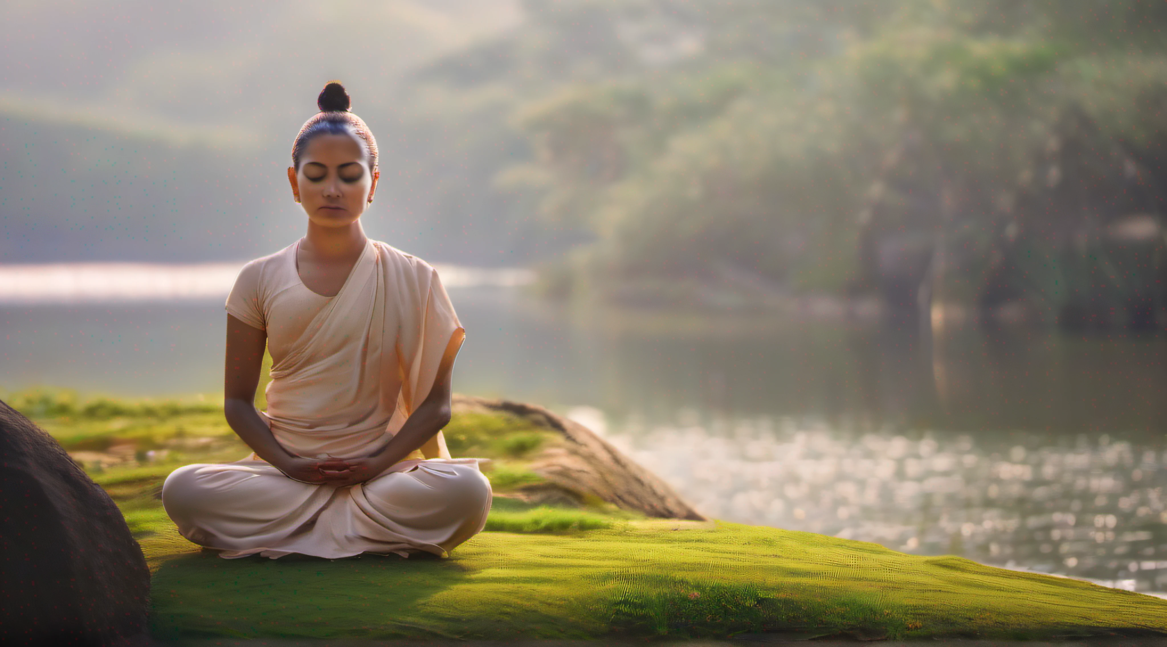 (best quality,highres),A bold headed Sangamitta Theraniya in a peaceful meditation,eyes closed,tranquil expression,focused concentration,fingers forming a mudra,soft lighting,serenity,serene atmosphere,clean and minimalistic setting,bright and natural colors,lotus position,calm and composed,mindful presence,subtle movements,inner stillness
