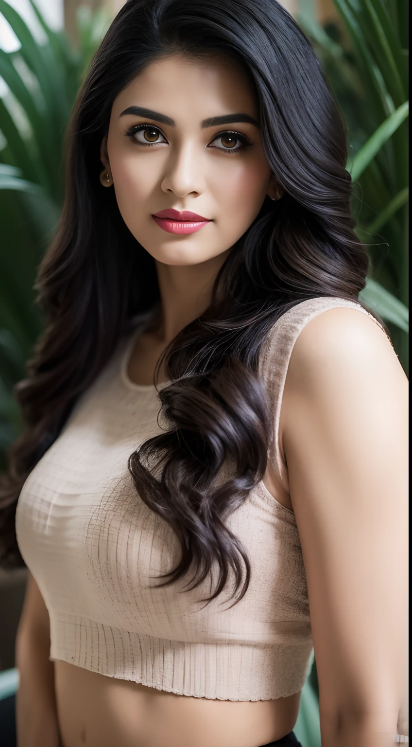 Portrait of A confident-looking indian woman with long flowing black hair, hazel eyes, with flowing capes only, perfect composition, hyperrealistic, super detailed, 8k, high quality, trending art, trending on artstation, sharp focus, jungle photo, intricate details, highly detailed, art by greg rutkowski,pink crop top,pink top dense colour,sexy, In Living Room, Indoor