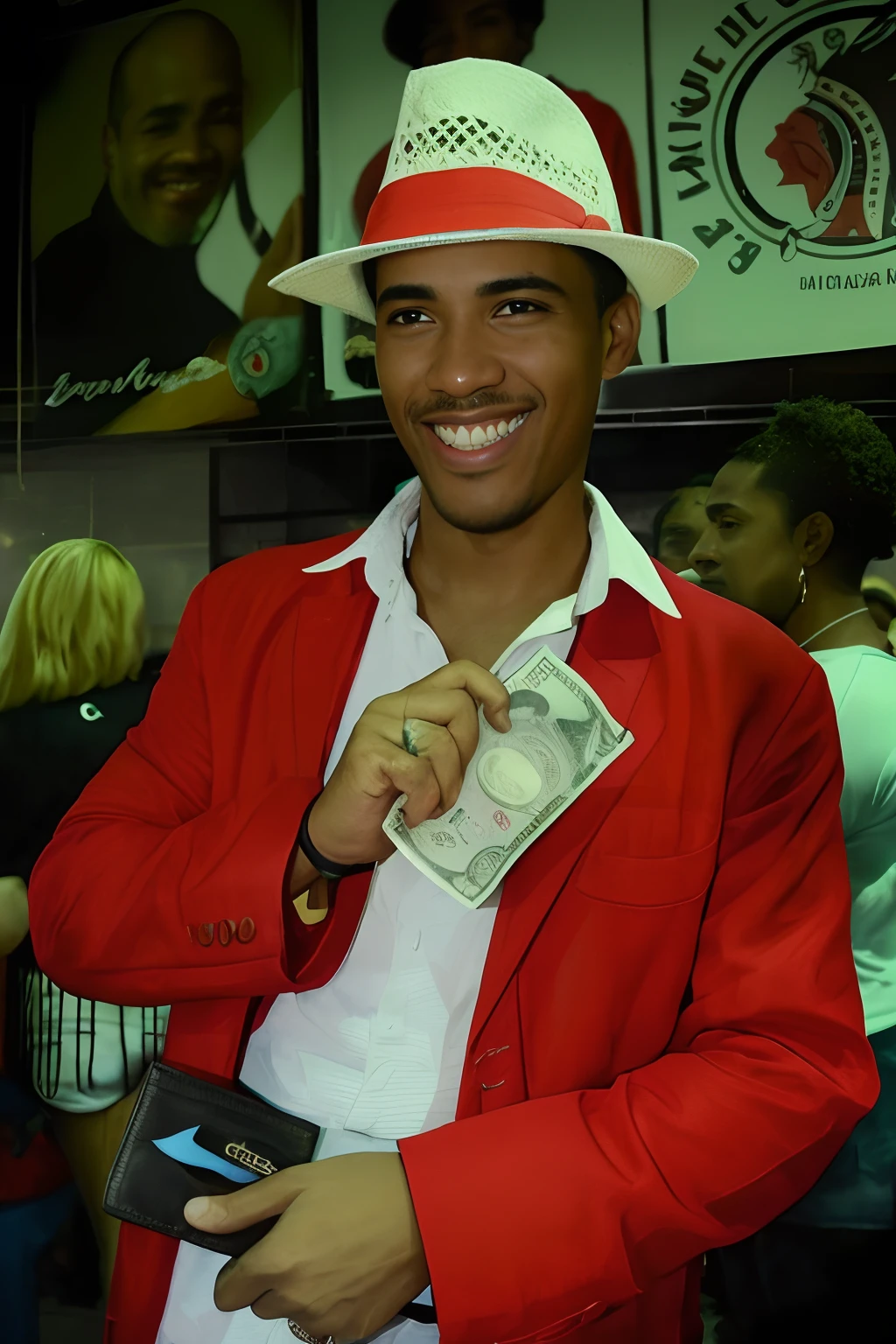 Smiling man in red jacket and white hat holding a wallet and a dollar, Directed by: Willian Murai, caio santos, Carmelo Blandino, inspirado em Candido Bido, luis melo, david rios ferreira, ostentando sua riqueza, Directed by: Robert Combas, edu souza, Ronaldo Phenomenon, icaro carvalho, Directed by: Hubert van Ravesteyn