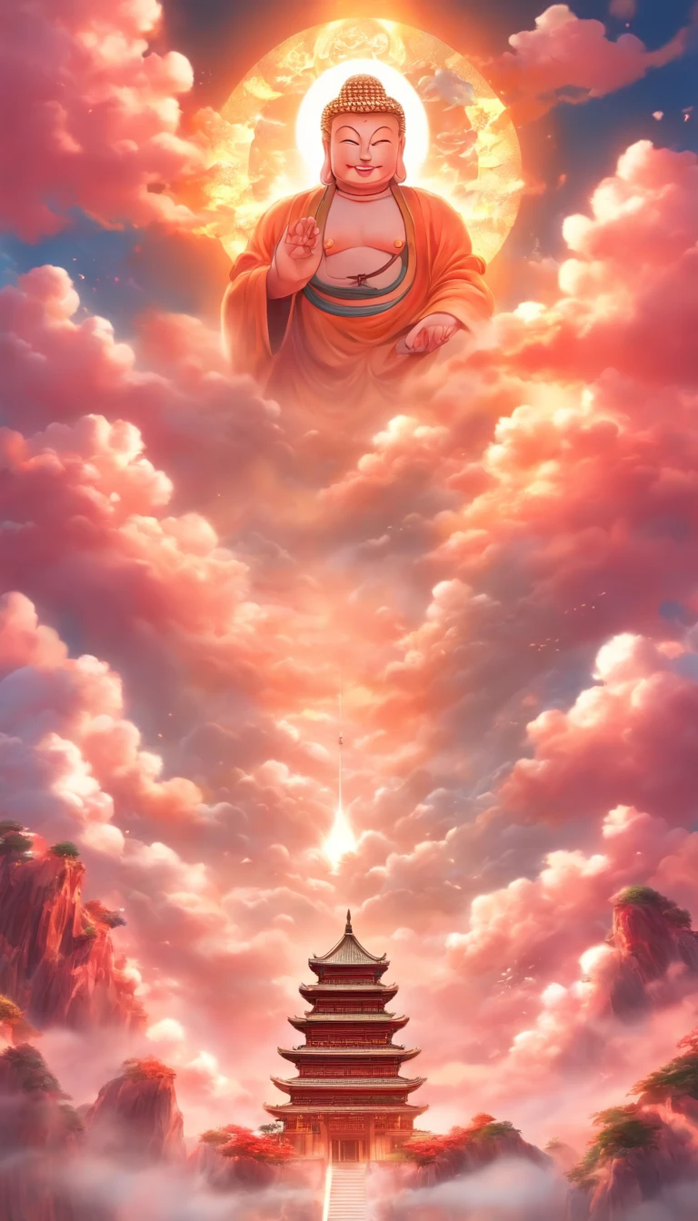 ((masutepiece)),(Best Quality)),china style,In the sky, The clouds form a huge transparent and shining white jade Maitreya Buddha image,Thick clouds,sun shining,Pilgrims on the road,Hyper-realistic,Ultra photo realsisim,Pink,8K,High Definition,high quarity,Works of masters,super-fine,(((OC Renderer)))