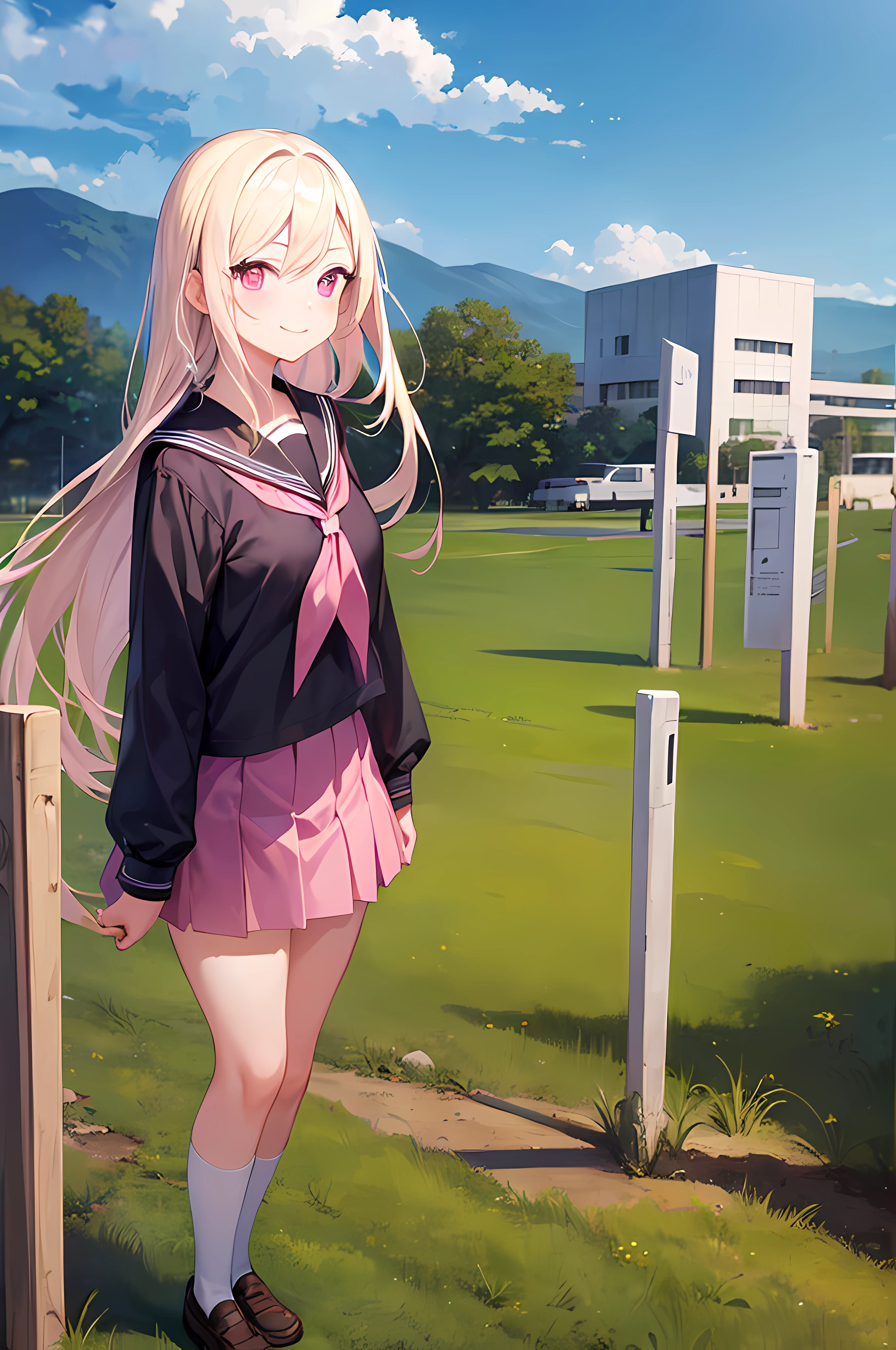 (masterpiece), best quality, expressive eyes, perfect face, 1girl, seifuku, female, miniskirt, platinum blonde hair, long hair, seductive smile, pink eyes, loafers, school, in a grass field staring at the sky, cosmos background