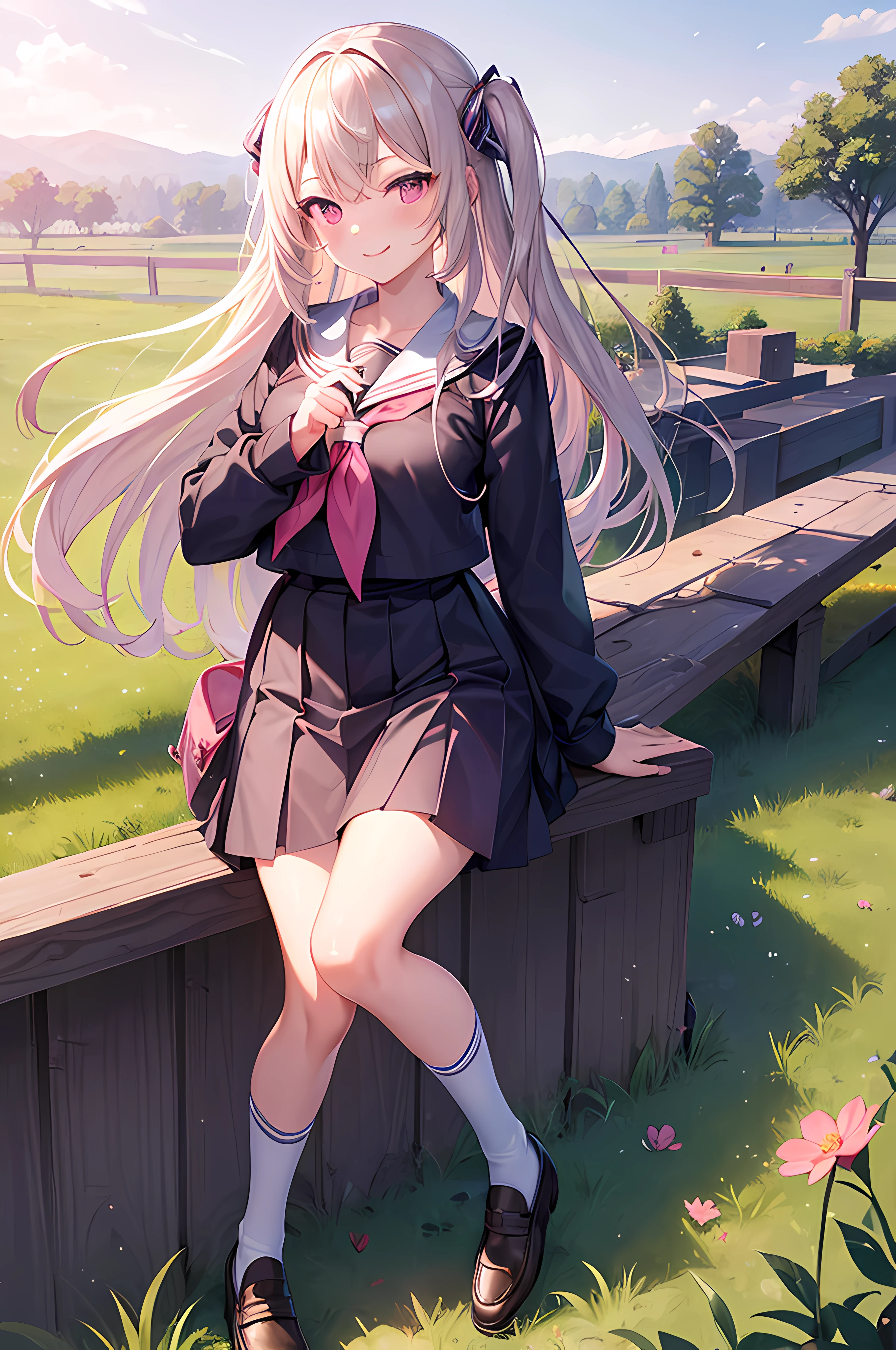 (masterpiece), best quality, expressive eyes, perfect face, 1girl, seifuku, female, miniskirt, platinum blonde hair, long hair, seductive smile, pink eyes, loafers, school, in a grass field staring at the sky, cosmos background