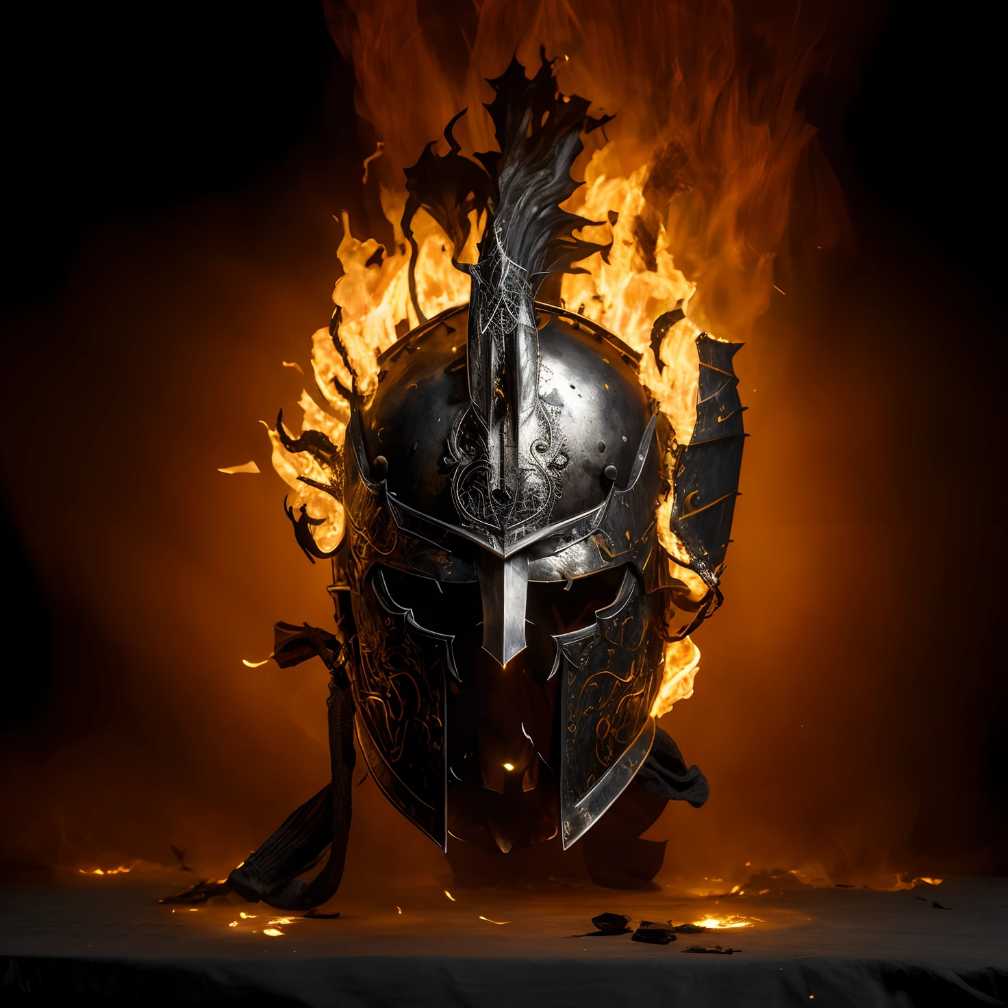 Arafed's helmet with a tongue of flame on a table in the dark, flame conjuring armored, burnt armor, Iron mask and helmet, light, Coming from the reservation, The whole face is covered with fire, Iron helmet, lord of cinder, Knight's helmet, ares with heavy armor and sword, Glowing eyes in a helmet, face of an armored villian, portrait shot, Dragon Helmet