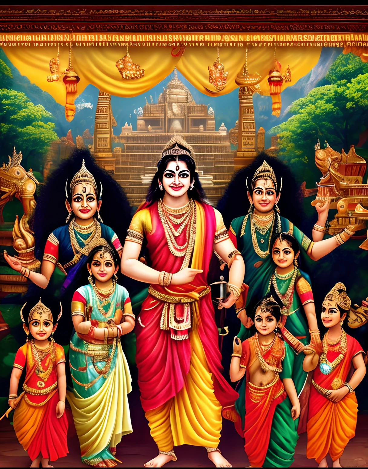 Ancient Indian clean saved handsome boy, bright colour, long black hair, smiley face hindu god, wearing orange dhoti, lord rama, standing between many beautiful princess and prince, near golden city in background, hindu mythology, Realistic image