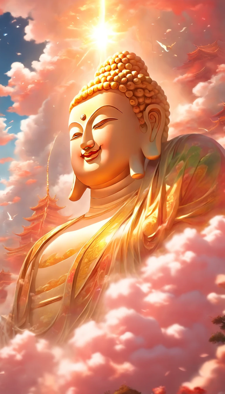 ((masutepiece)),(Best Quality)),china style,In the sky, The clouds form a huge transparent and shining white jade Maitreya Buddha image,Thick clouds,sun shining,Pilgrims on the road,Hyper-realistic,Ultra photo realsisim,Pink,8K,High Definition,high quarity,Works of masters,super-fine,(((OC Renderer)))