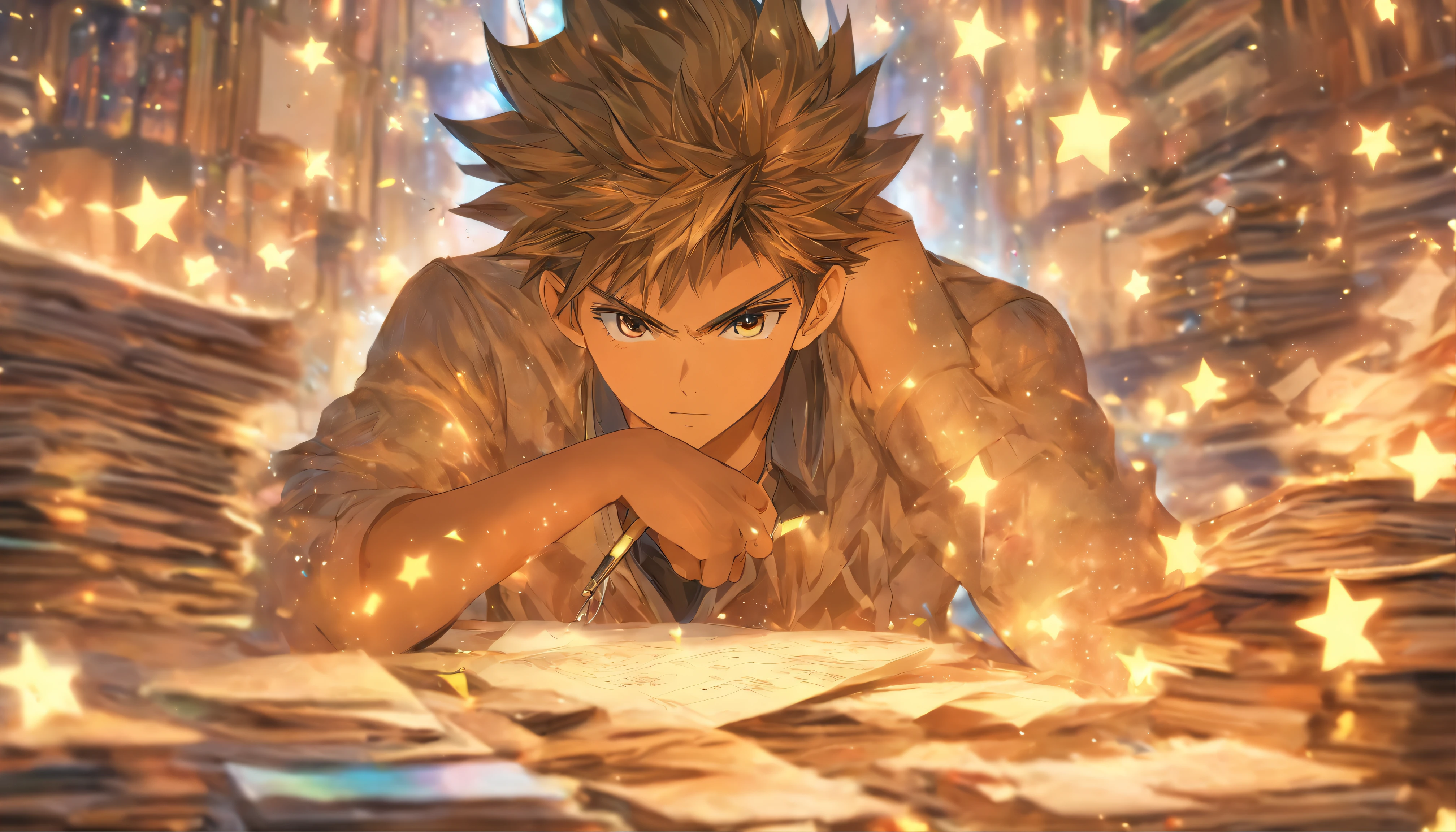 A young man sitting at a desk, holding a pen, surrounded by a pile of papers and folders, with a blurry background as if time is frozen, ,in the style of the stars art group xing xing, 32K,best quality, masterpiece, super detail, high details
