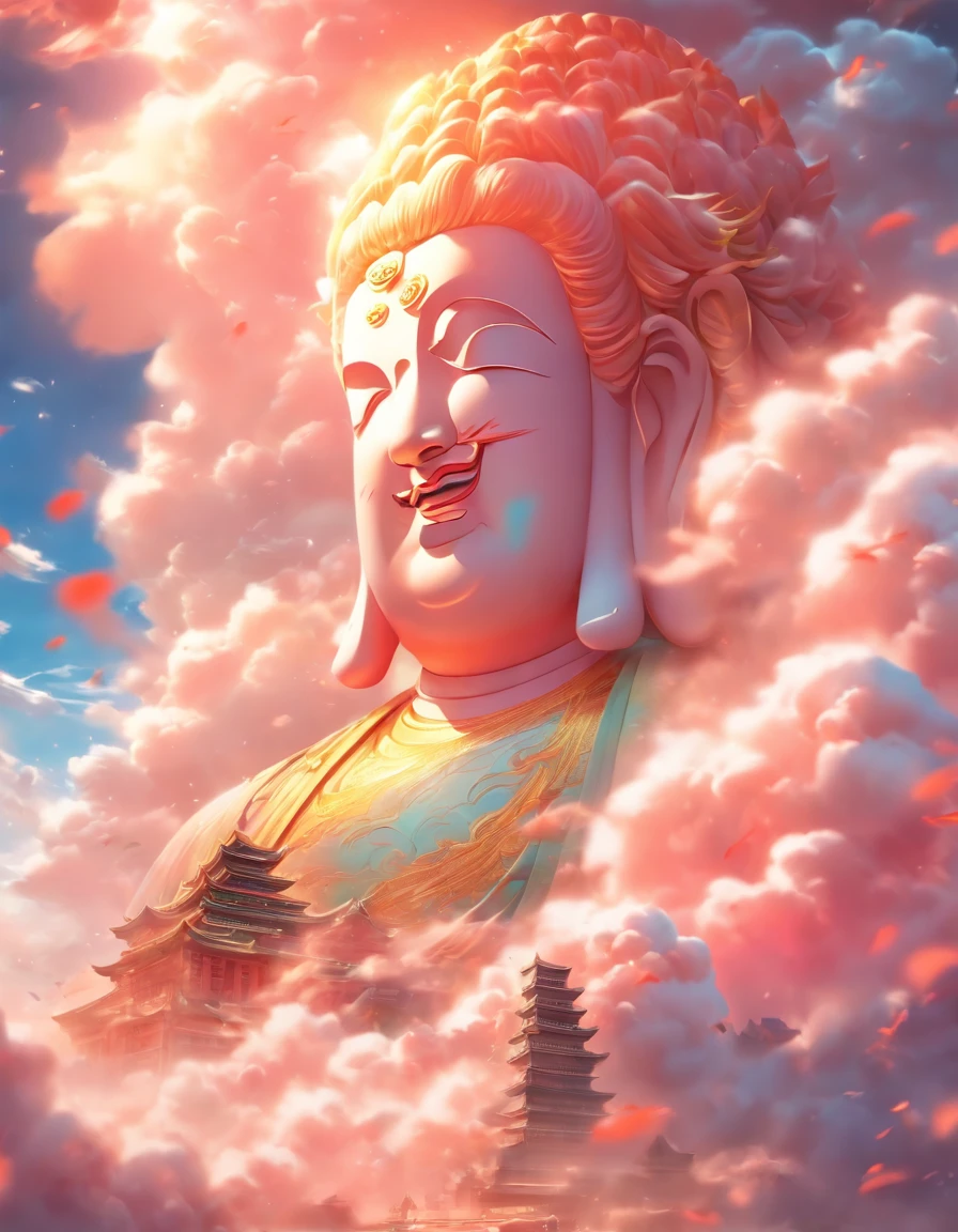 ((masutepiece)),(Best Quality)),china style,In the sky, The clouds form a huge transparent and shining white jade Maitreya Buddha image,Thick clouds,sun shining,Pilgrims on the road,Hyper-realistic,Ultra photo realsisim,Pink,8K,High Definition,high quarity,Works of masters,super-fine,(((OC Renderer)))