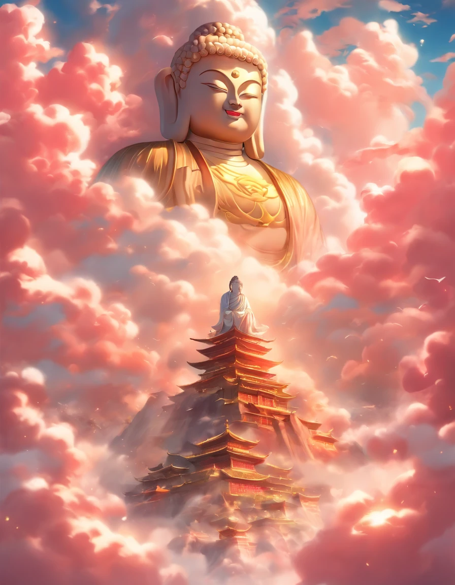 ((masutepiece)),(Best Quality)),china style,In the sky, The clouds form a huge transparent and shining white jade Maitreya Buddha image,Thick clouds,sun shining,Pilgrims on the road,Hyper-realistic,Ultra photo realsisim,Pink,8K,High Definition,high quarity,Works of masters,super-fine,(((OC Renderer)))