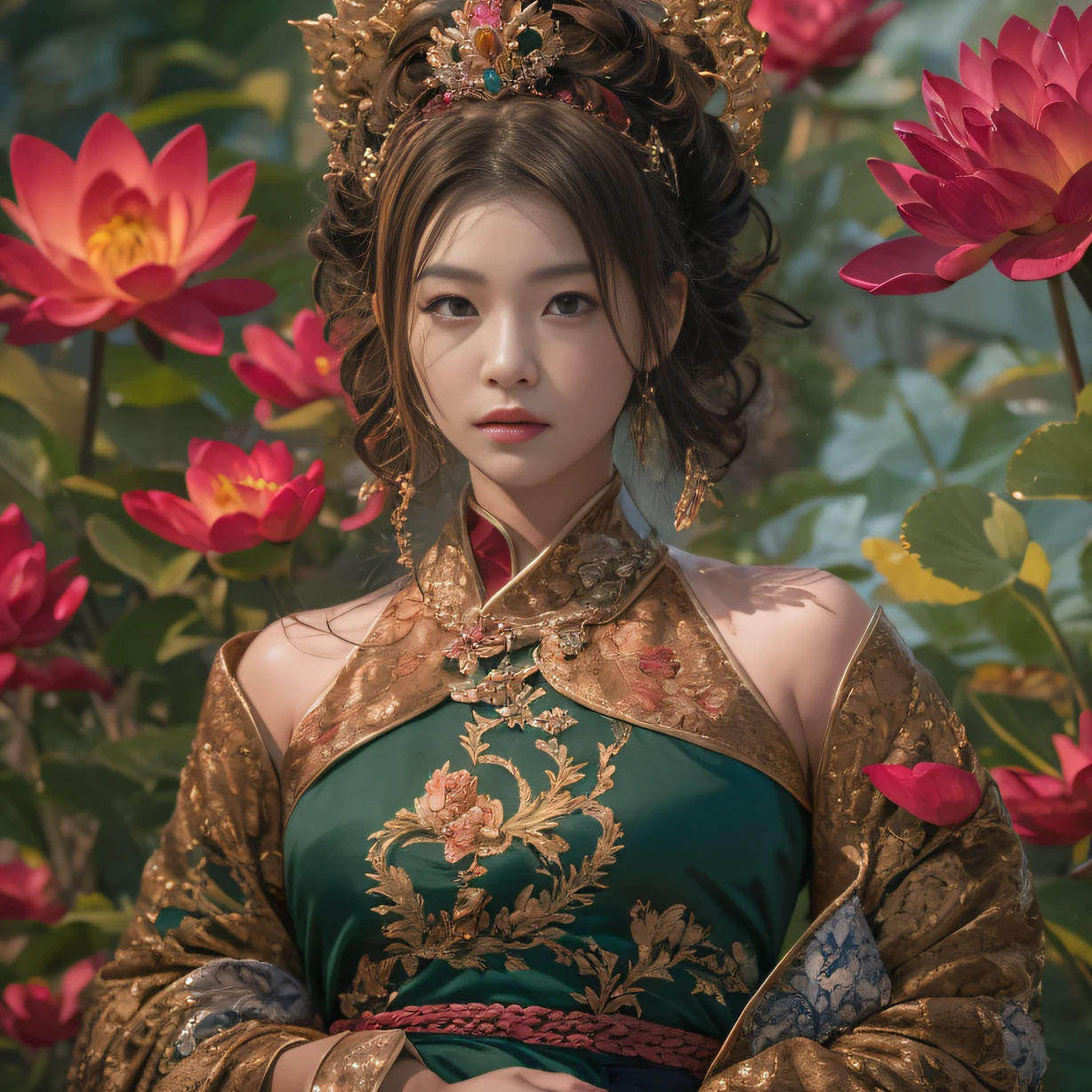 32K(tmasterpiece,k hd,hyper HD,32K)curlies,Flowing rouge,ponds,zydink, a color, Liaoning people (Charming girl), (Indigo scarf), Combat posture, looking at the ground, Flowing rouge curls,Green emerald tiara, Chinese long-sleeved rose gold garment, (Abstract gouache splash:1.2), Pink lotus background,Water lily flower protector(realisticlying:1.4),Rouge hair,Autumn is in full swing,The background is pure, A high resolution, the detail, RAW photogr, Sharp Re, Nikon D850 Film Stock Photo by Jefferies Lee 4 Kodak Portra 400 Camera F1.6 shots, Rich colors, ultra-realistic vivid textures, Dramatic lighting, Unreal Engine Art Station Trend, cinestir 800,Large curls,Flowing rouge