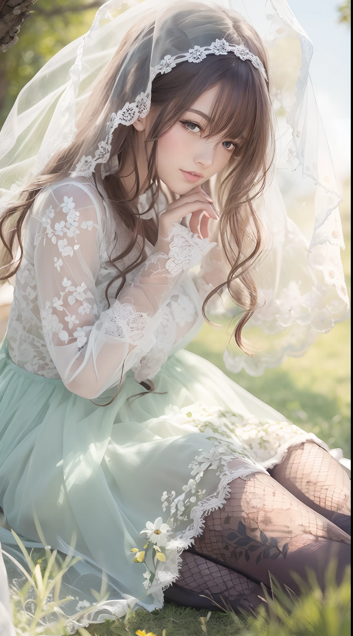 (Best quality,4K,8K,16k,A high resolution,Masterpiece:1.2),Ultra-detailed,Realistic,Photorealistic:1.37,Girl in the garden,Beautiful detailed eyes,beautiful detailed lips,Extremely detailed eyes and face,blue color eyes,Long eyelashes,Tulle veil,long and flowing hair,Red student uniform,Elegant white lace skirt,Sit gracefully on the grass,Black translucent stockings,in the background, Blooming flowers and lush greenery,Soft sunlight casts soft shadows,Vivid colors,Pastel yellow-green color palette,Studio lighting