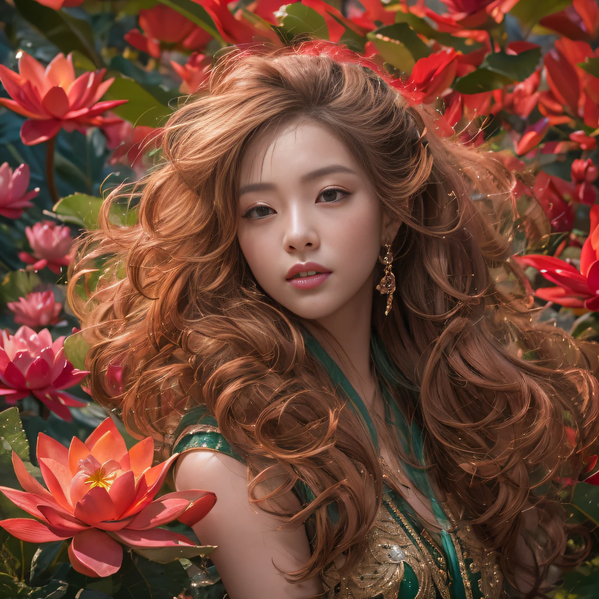 32K(tmasterpiece,k hd,hyper HD,32K)curlies,Flowing rouge,ponds,zydink, a color, Liaoning people (Charming girl), (Indigo scarf), Combat posture, looking at the ground, Flowing rouge curls,Green emerald tiara, Chinese long-sleeved rose gold garment, (Abstract gouache splash:1.2), Pink lotus background,Water lily flower protector(realisticlying:1.4),Rouge hair,Autumn is in full swing,The background is pure, A high resolution, the detail, RAW photogr, Sharp Re, Nikon D850 Film Stock Photo by Jefferies Lee 4 Kodak Portra 400 Camera F1.6 shots, Rich colors, ultra-realistic vivid textures, Dramatic lighting, Unreal Engine Art Station Trend, cinestir 800,Large curls,Flowing rouge
