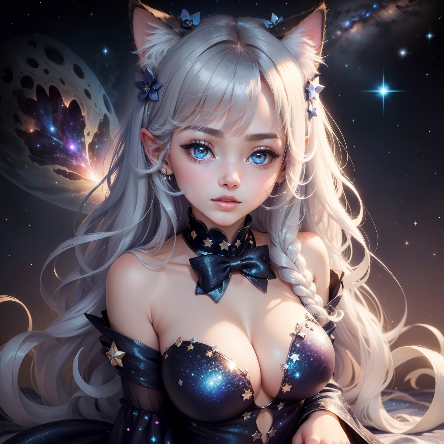 Cute with a cat motif Lots of silver stars and rivers twinkling Glitter and seductive Galaxy like a jewel box You can also see large galaxies and the Milky Way shine beautful view Cute cat-eared girl