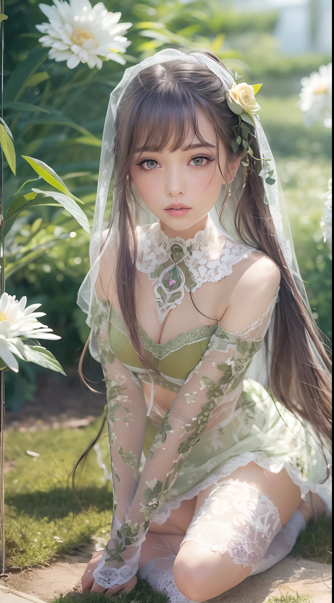 (Best quality,4K,8K,16k,A high resolution,Masterpiece:1.2),Ultra-detailed,Realistic,Photorealistic:1.37,Girl in the garden,Beautiful detailed eyes,beautiful detailed lips,Extremely detailed eyes and face,blue color eyes,Long eyelashes,Tulle veil,long and flowing hair,Red student uniform,Elegant white lace skirt,Sit gracefully on the grass,Black translucent stockings,in the background, Blooming flowers and lush greenery,Soft sunlight casts soft shadows,Vivid colors,Pastel yellow-green color palette,Studio lighting