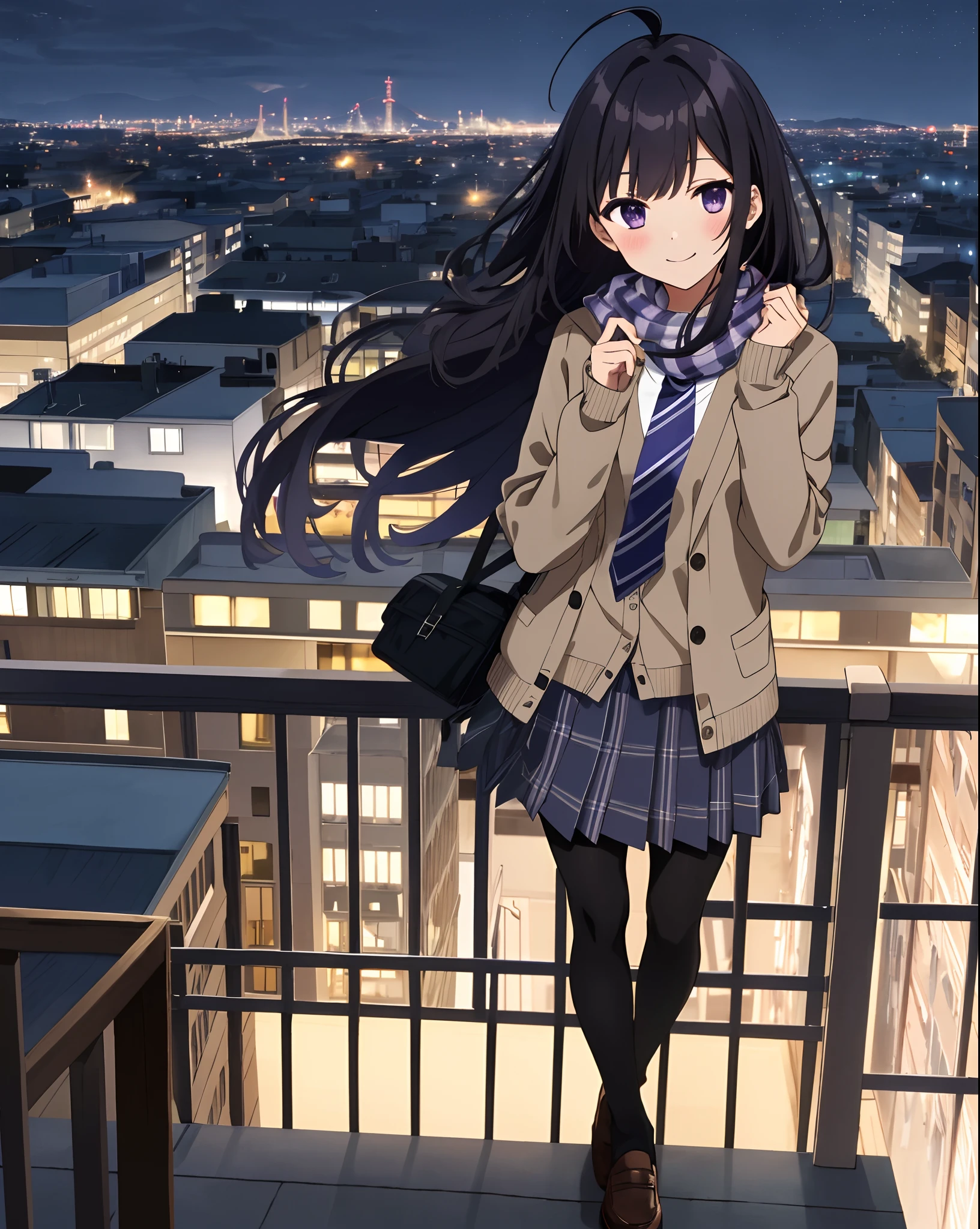 1girl, black hair, medium-long hair, purple eyes, pantyhose, brown loafers,blue plaid pleated skirt, ahoge,smile,open clothes, bangs, cardigan, long sleeves, looking at viewer,blush,white shirt,striped, jacket,buttons, orange plaid scarf,hand up,shiny, blazer, blue striped necktie,striped bow, holding envelope,hair twirling, grey cardigan, outdoors, balcony, night,cityscape,night sky,sky,city lights,railing,city,water,building,skyline,