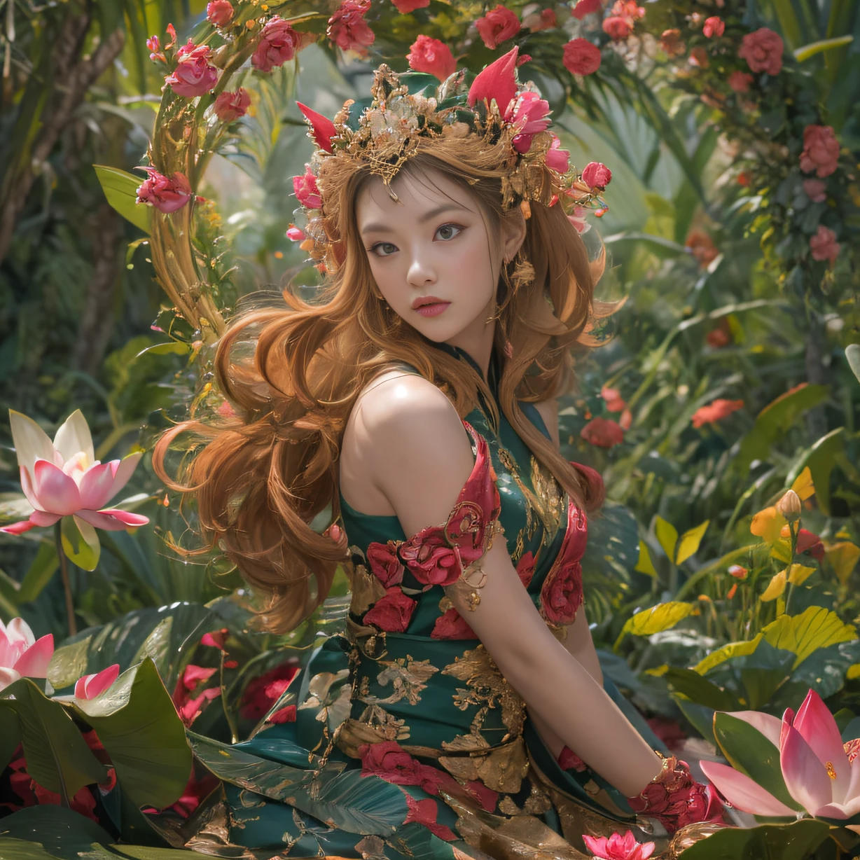 32K(tmasterpiece,k hd,hyper HD,32K)curlies,Flowing rouge,ponds,zydink, a color, Liaoning people (Charming girl), (Indigo scarf), Combat posture, looking at the ground, Flowing rouge curls,Green emerald tiara, Chinese long-sleeved rose gold garment, (Abstract gouache splash:1.2), Pink lotus background,Water lily flower protector(realisticlying:1.4),Rouge hair,Autumn is in full swing,The background is pure, A high resolution, the detail, RAW photogr, Sharp Re, Nikon D850 Film Stock Photo by Jefferies Lee 4 Kodak Portra 400 Camera F1.6 shots, Rich colors, ultra-realistic vivid textures, Dramatic lighting, Unreal Engine Art Station Trend, cinestir 800,Large curls,Flowing rouge