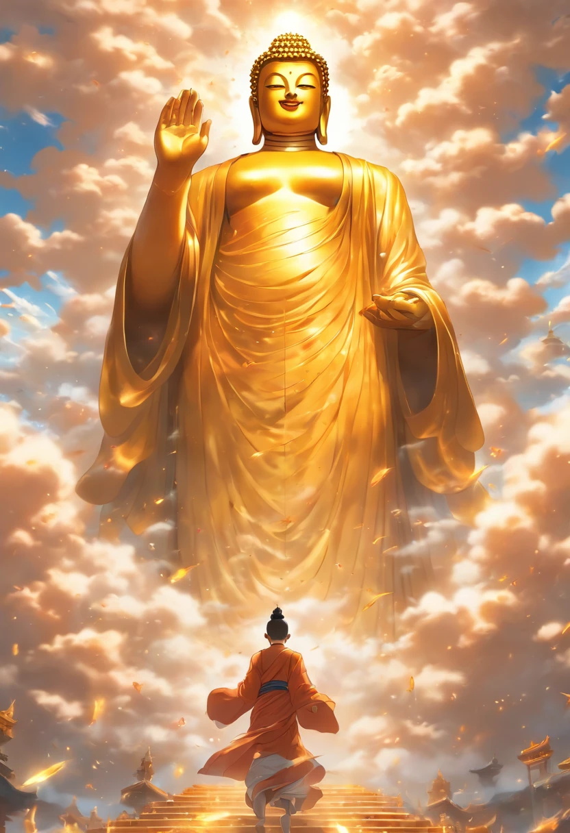 A huge golden Buddha statue rushed into the clouds,Pilgrims on the road,lightsmile,china style,In the distance, surrealism, stereograms, Tachi-e, Atmospheric perspective, hyperphotorealism, Cinematic lighting, God Light, Super Detail, ccurate, Best Quality, masutepiece, 16 K, high details, hight resolution, awardwinning, Super Detail, Anatomically correct