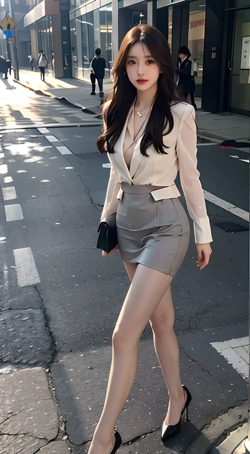 Beautiful detailed eyes，Single ball head，Transparent colorless flesh-colored pantyhose，high-heels，On the street，and the sun was shining brightly，Business suit