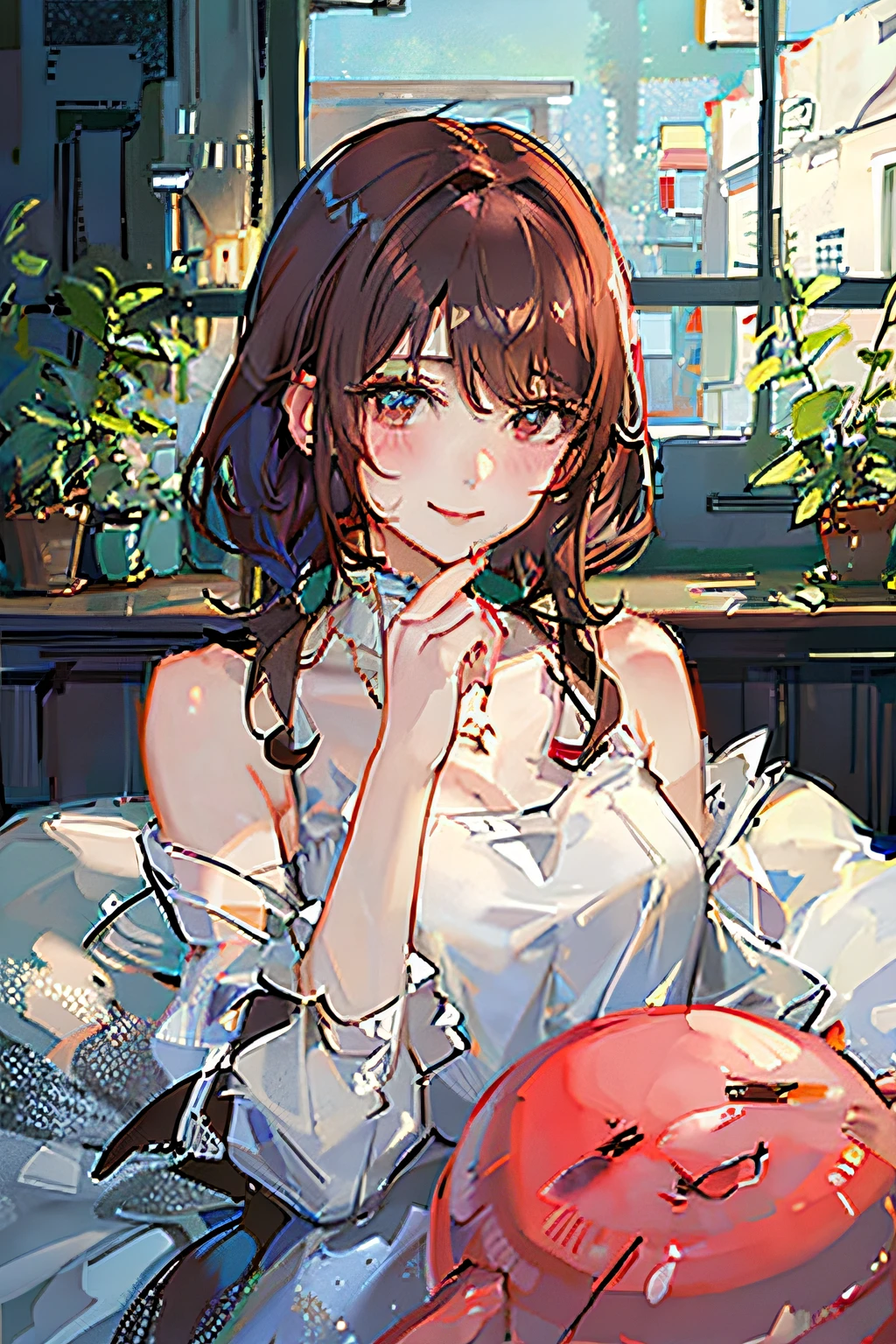 Blushing cheeks、shyly smile、(The 8k quality、Real masterpieces)、(beautiful a girl)、(short hair of red-brown color、hair pin、poneyTail、Floating hair、)Colossal tits、Blush with embarrassment、Enraptured eyes、A smile that beguiles the viewer、Look into the photographer、skin glistening with sweat、gazing at viewer、Upper body naked、,48 years old Shirtless、a necklace、piercings、Lying on your back on the bed、pointed red mouth、