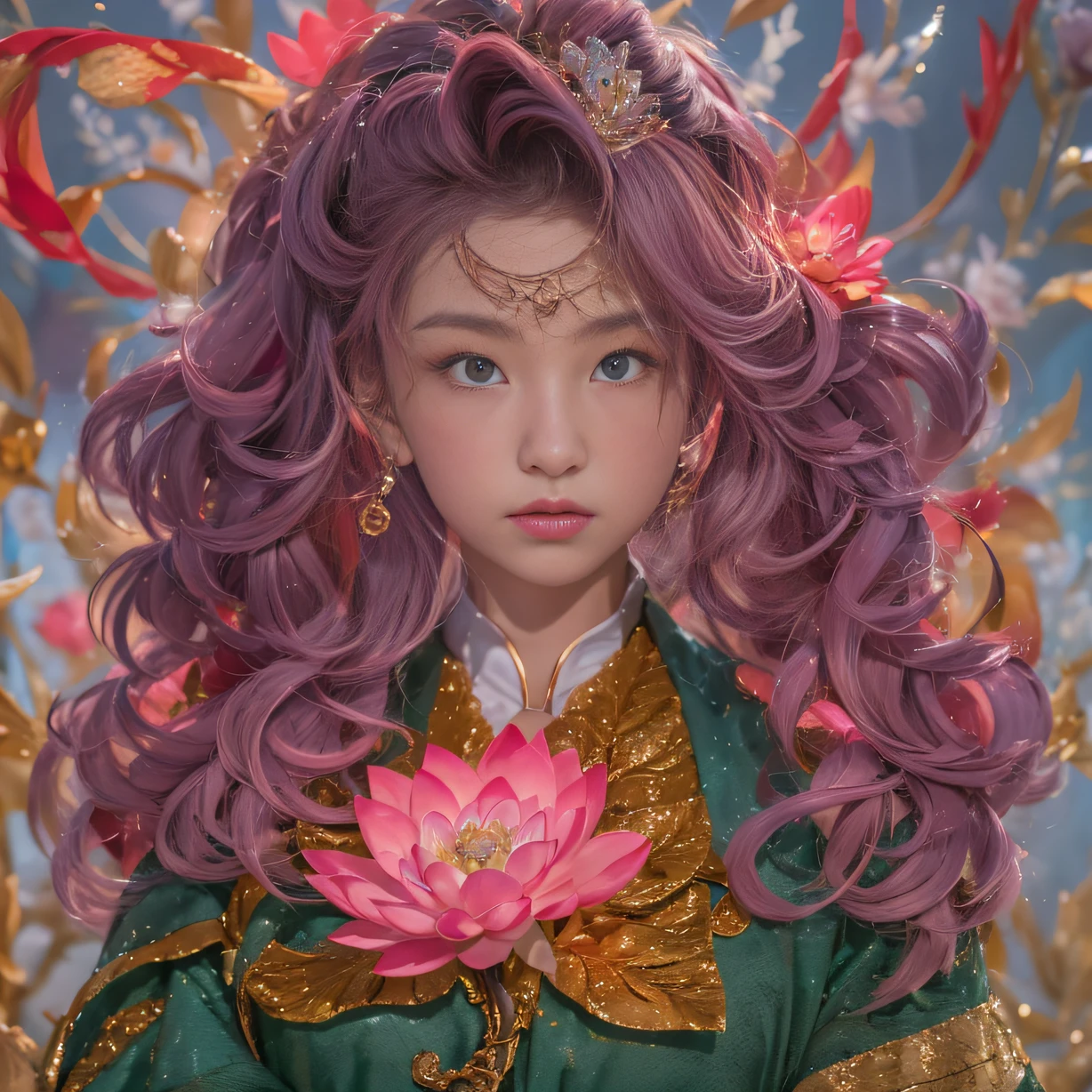 32K(tmasterpiece,k hd,hyper HD,32K)curlies,Flowing rouge,ponds,zydink, a color, Liaoning people (Charming girl), (Indigo scarf), Combat posture, looking at the ground, Flowing rouge curls,Green emerald tiara, Chinese long-sleeved rose gold garment, (Abstract gouache splash:1.2), Pink lotus background,Water lily flower protector(realisticlying:1.4),Rouge hair,Autumn is in full swing,The background is pure, A high resolution, the detail, RAW photogr, Sharp Re, Nikon D850 Film Stock Photo by Jefferies Lee 4 Kodak Portra 400 Camera F1.6 shots, Rich colors, ultra-realistic vivid textures, Dramatic lighting, Unreal Engine Art Station Trend, cinestir 800,Large curls,Flowing rouge