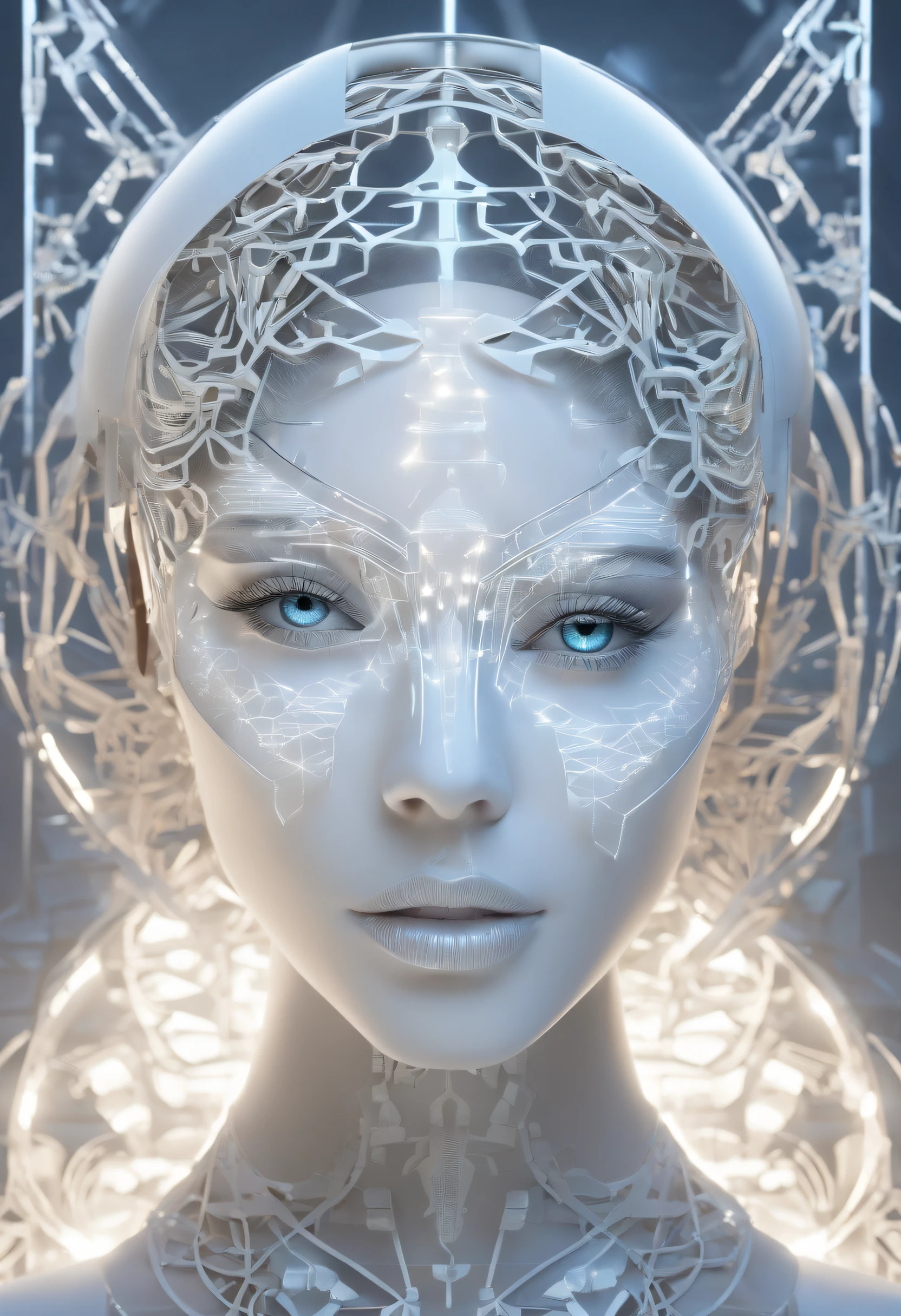 (Natural hormones for women),Cyberpunk,Mechanical,blue eye glows,metal surfaces,Digital display,advanced technique,Futuristic,Neon light,electromagnetic field,Sharp edges,streamlined line design,Numerical Biology,Biomechanical,mystical ambiance,Glass visor,heightened senses,Energetic posture,Invisible circuits,holographic projections,Colored wires,Full body photo of a pure white female cyborg