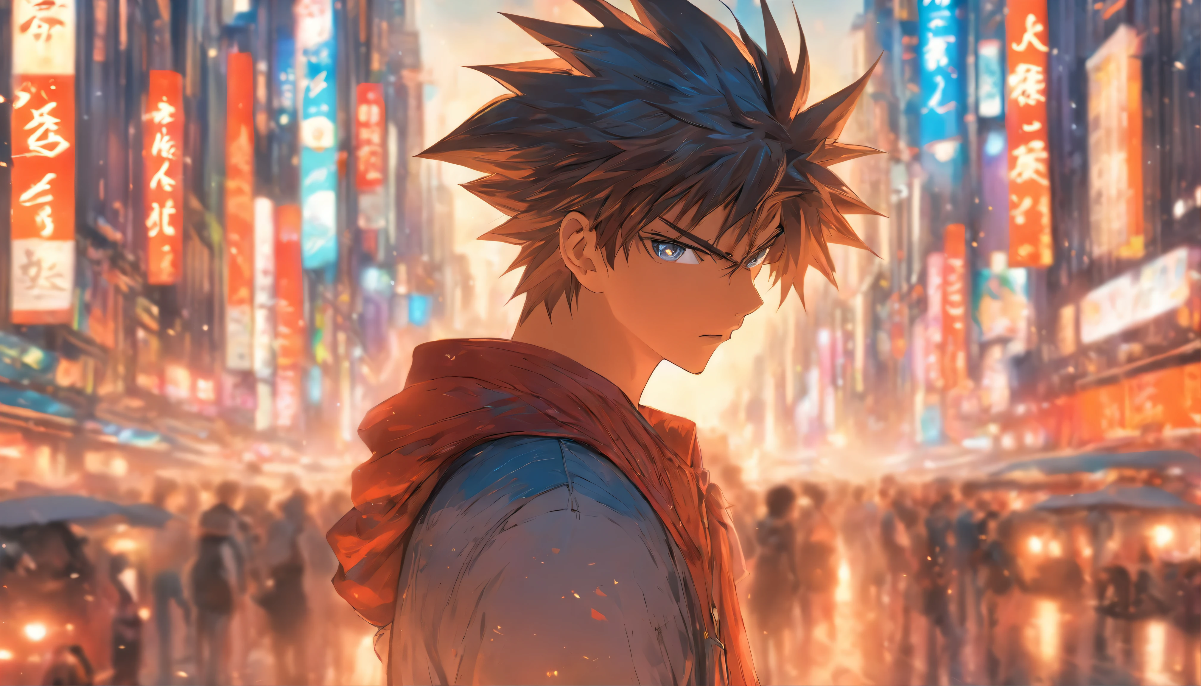 A young man standing on a busy city street, his eyes filled with deep contemplation, surrounded by towering buildings, constant traffic, and bustling crowds, ,in the style of the stars art group xing xing,32k, best quality, masterpiece, super detail, high details,