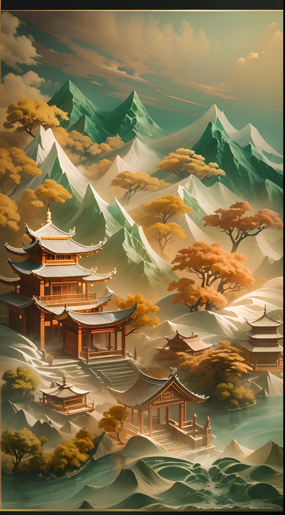 Jade,Gilded mountains,(Paper carving:1.5),Tilt-Shift,(Cloud fog:1.3),viewed from bird's-eye,Soft lighting,Oriental elements,Dreamy,white colors,golden colored,Traditional Chinese color scheme,reasonable design,Clear lines,High sharpness,Best quality,Very detailed,Masterpiece,offcial art,movie light effect,4K
