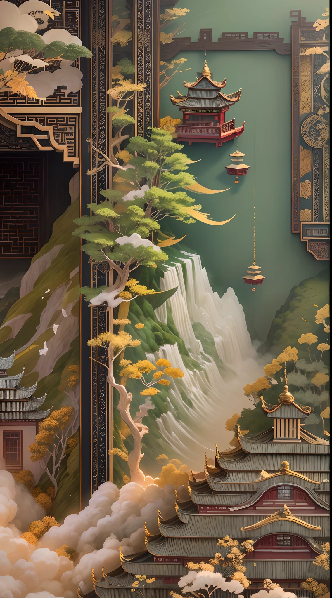 Jade,Gilded mountains,(Paper carving:1.5),Tilt-Shift,(Cloud fog:1.3),viewed from bird's-eye,Soft lighting,Oriental elements,Dreamy,white colors,golden colored,Traditional Chinese color scheme,reasonable design,Clear lines,High sharpness,Best quality,Very detailed,Masterpiece,offcial art,movie light effect,4K