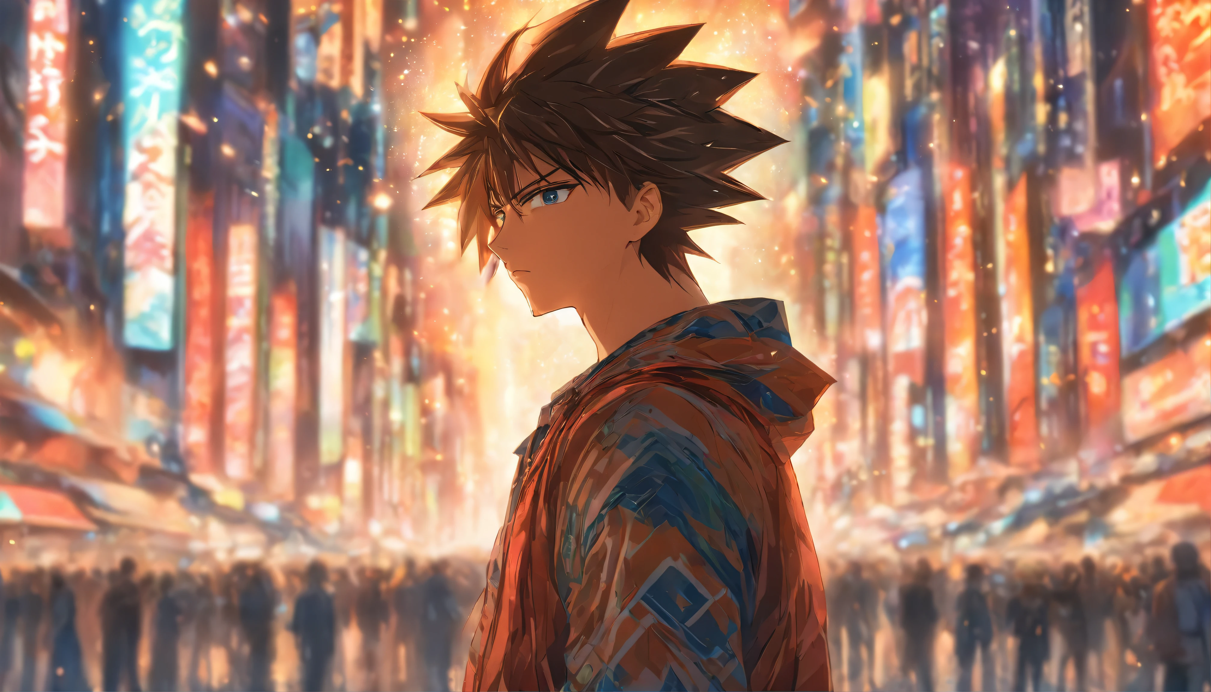 A young man standing on a busy city street, his eyes filled with deep contemplation, surrounded by towering buildings, constant traffic, and bustling crowds, ,in the style of the stars art group xing xing,32k, best quality, masterpiece, super detail, high details,