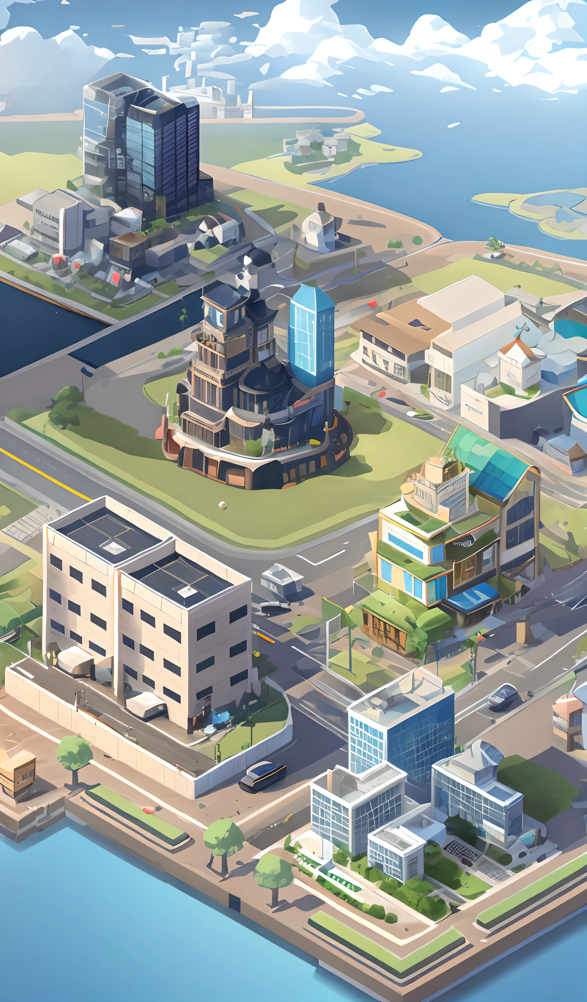 Clear lines，The mass is intact，Five separate buildings，Staggered roads，Map of the city surrounded by the ocean
