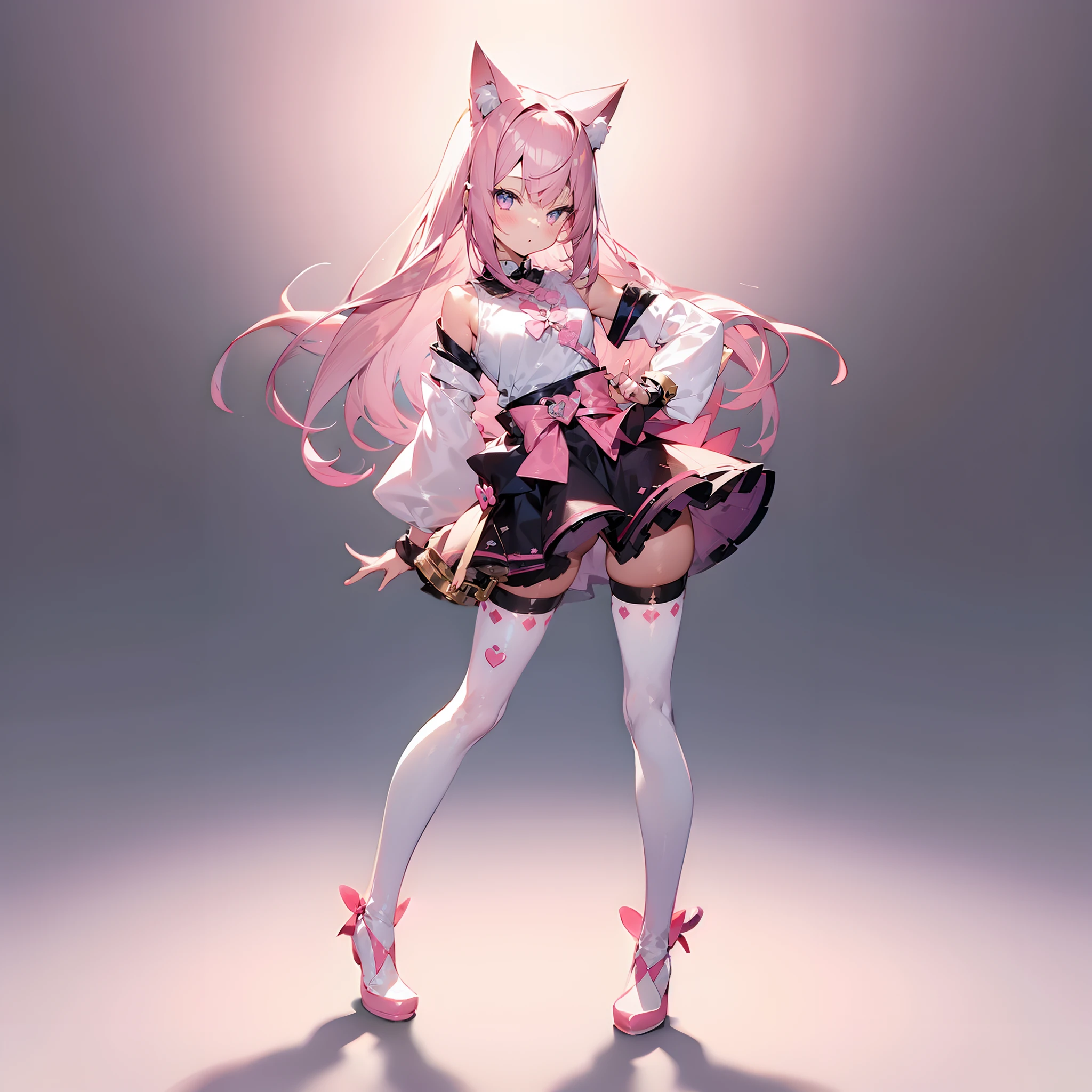 Cute girl with cat ears、Japan anime style、Moe、Full body painting、Standing Picture、Authentic and highly detailed body、小柄、girl with、childish、10yaers old、length hair、bangss、A pink-haired、Authentic and highly detailed face、beautiful eyes that are authentic and highly detailed,、 cat ear、Authentic and very delicate arms and hands、Authentic and highly detailed human hands（5 fingers）、The most beautiful girl in the world、Delicate and beautiful pink cat eyes、Authentic skin texture、komono、lolita、a miniskirt、Authentic and highly detailed pink knee-high socks、Authentic and highly detailed long boots、An ultra-high picture quality