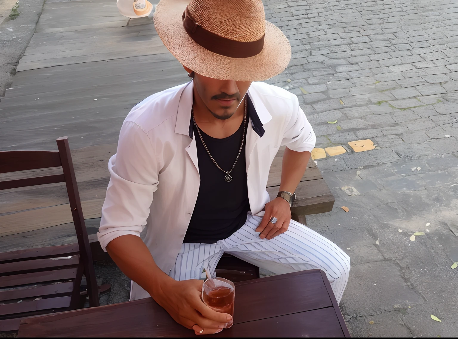 There's a man sitting at the table with a drink, Gorjetando seu fedora, homem bonito, caracter with brown hat, com uma bebida, with straw hat, com charuto, david rios ferreira, a suited man in a hat, beautiful man, cuban setting, white suit and hat, wearing straw hat, quarto, salvador, wearing a travel hat, enquanto fuma um charuto