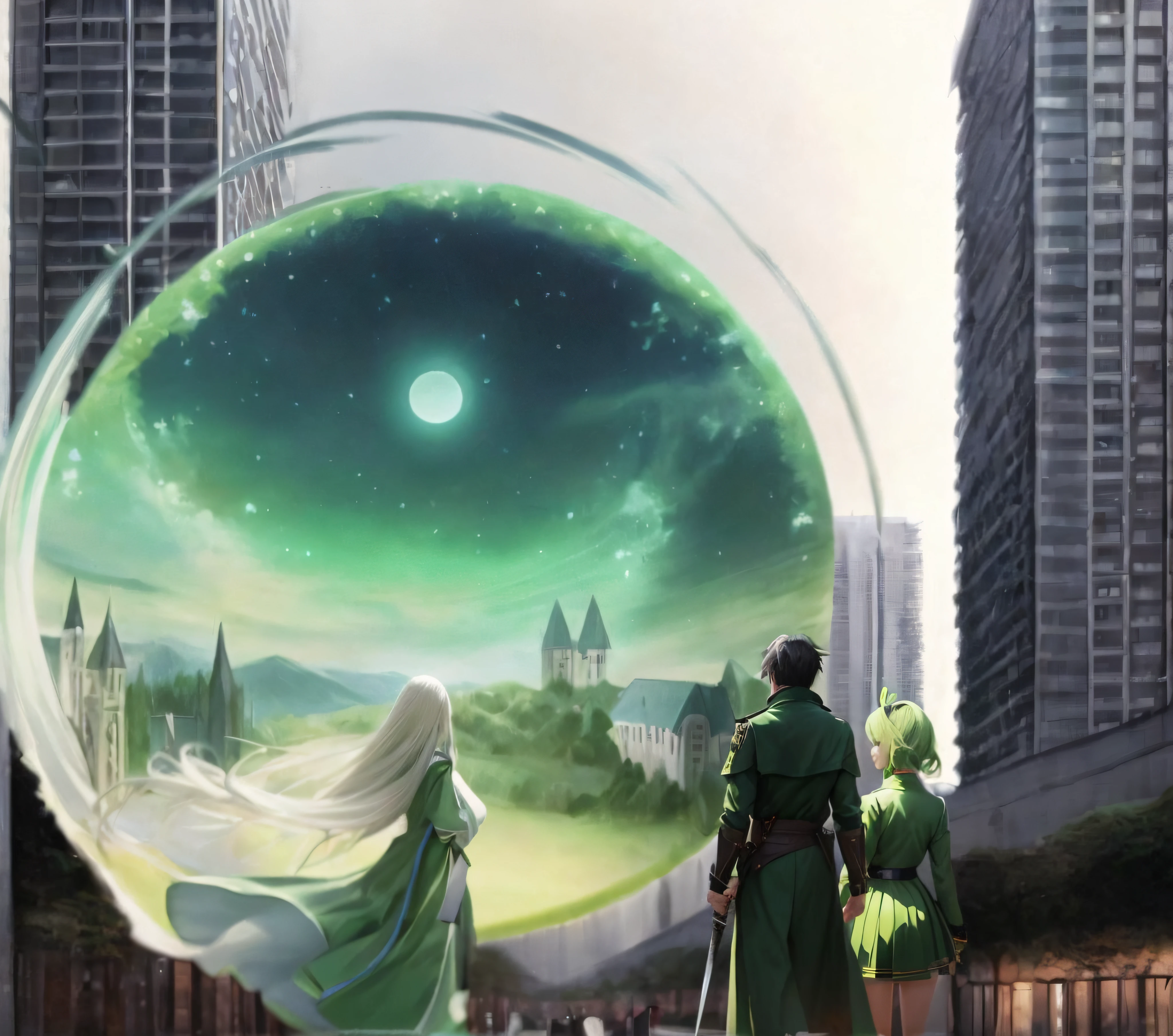 A magician,Face away from the picture,long white hair,Green eyes,White with green accents,Hold a magic wand,Depict a circle of light,At her feet is a city of reinforced concrete,Within the aperture is a fairytale-like green meadow,Among them is a tree full of white flowers,To his right is a young man,Face away from the picture,dark brown hair,Green clothes,A sword was pinned to his waist,On the right is a young woman,Face away from the picture,Light green hair,green uniform,Green butterfly hairpin