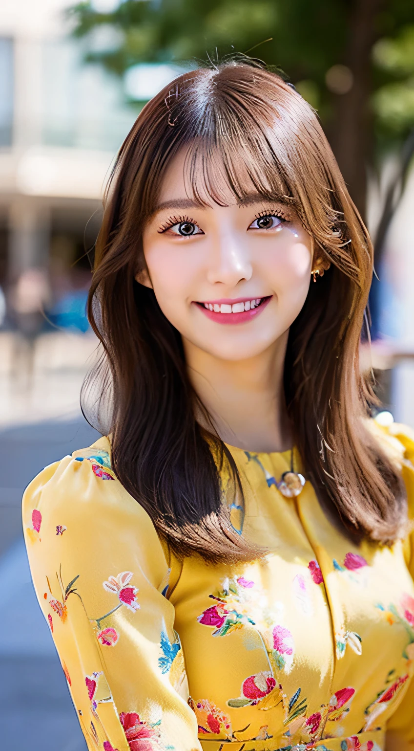 Beautiful detailed 20 year old girl,extremely detailed eye and face,Beautiful detail eyes,date,Smile when meeting,Waving hands,In front of the station,Will,155 cm tall,Wearing a brightly colored dress,夏天,Sunnyday