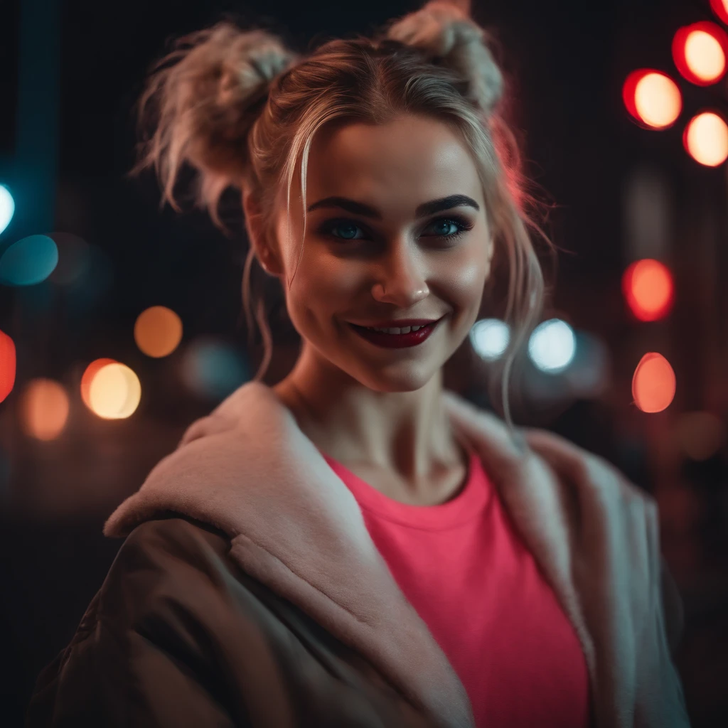 Girl, long hair, blonde, a bun of hair on her head, red pupils, fangs instead of teeth, a smile, with a clearly drawn neon night metropolis in the background.