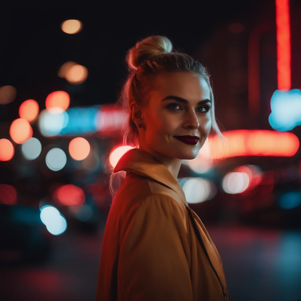 Girl, long hair, blonde, a bun of hair on her head, red pupils, fangs instead of teeth, a smile, with a clearly drawn neon night metropolis in the background.