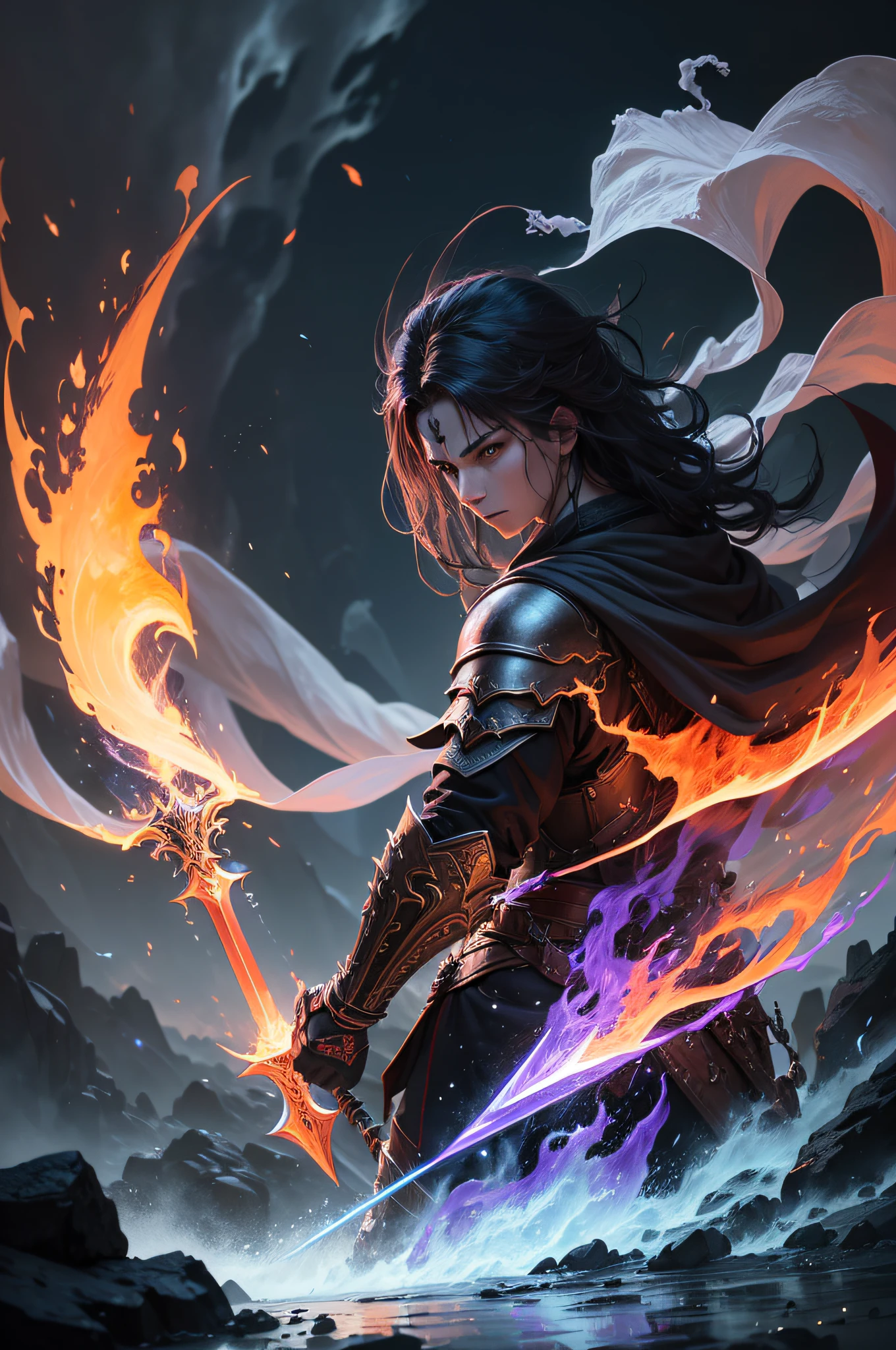 highres,epic fire sword,best quality,ultra-detailed,fantasy style,vivid colors,glowing flames,fiery sparks,reflection on the blade,enchanted runes,majestic warrior wielding the sword,mythical creatures in the background,cascading fire,sharp steel blade,brilliant orange and red hues,dynamic action pose,dark and mysterious atmosphere,ethereal smoke rising from the sword,emerging from the depths of darkness,casting a powerful spell,transcendent power,endless flames,heroic battle,otherworldly weapon development,mythical beast slaying,awe-inspiring intensity,legendary artifact weapon