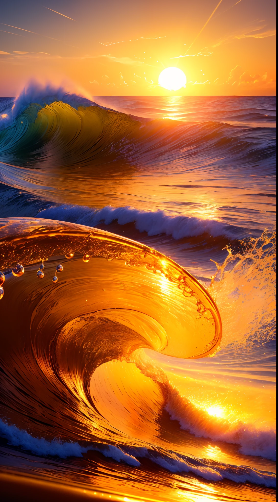 Masterpiece, best quality, (8k very detailed CG unit wallpaper) (best quality), (best illustration), (best shadows) a golden sea wave, bright orange aol sunset through the wave, golden droplets flying, (:1.6)