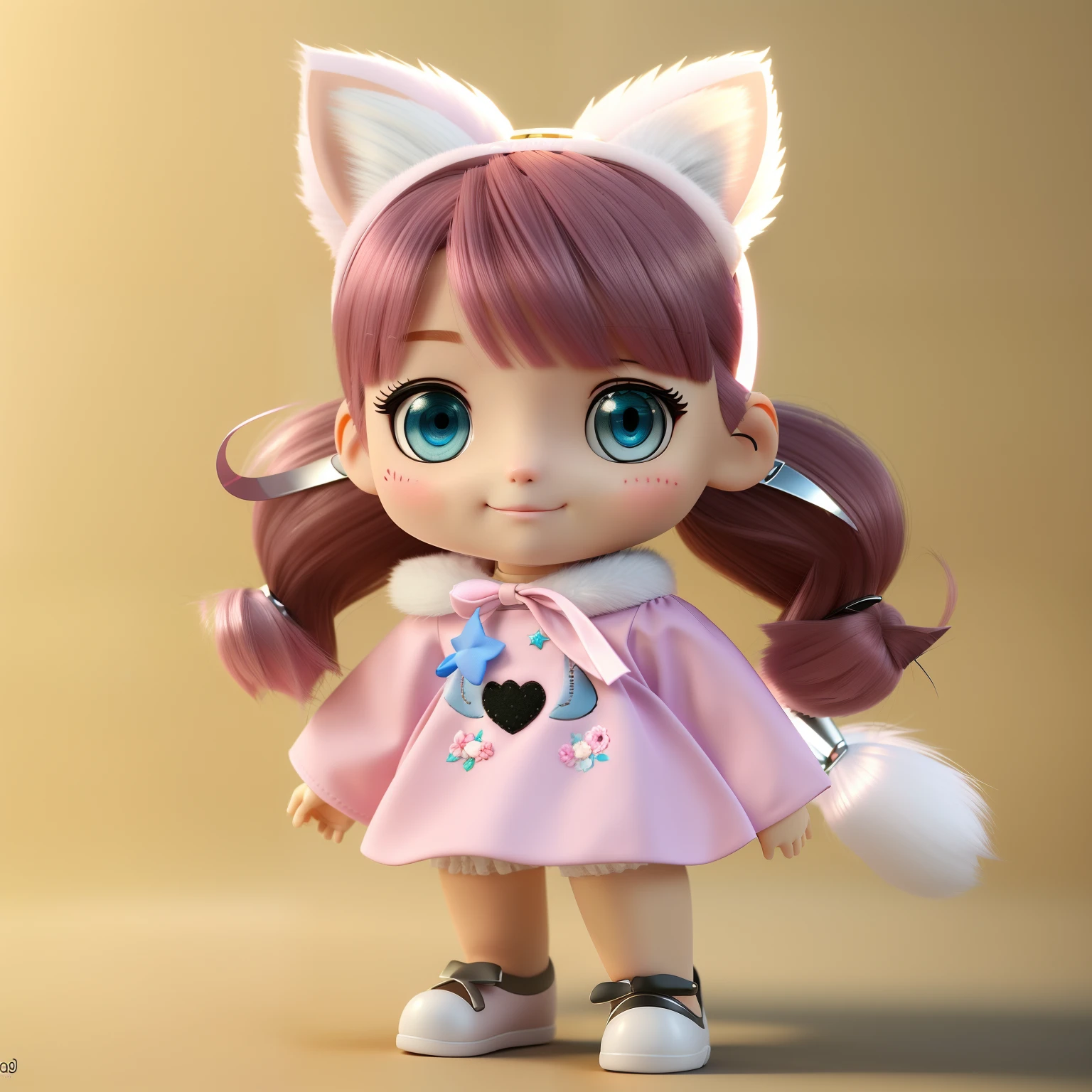 (best quality,4k,highres:1.2),ultra-detailed,photorealistic:1.37,girl wearing pink clothes,short hair,1:1 body proportion,grayish-white gradient hair color,cartoon doll with cat ears,fluffy cat tail,sweet smile expression,realistic fabric texture,natural hair strands,mid-body shot