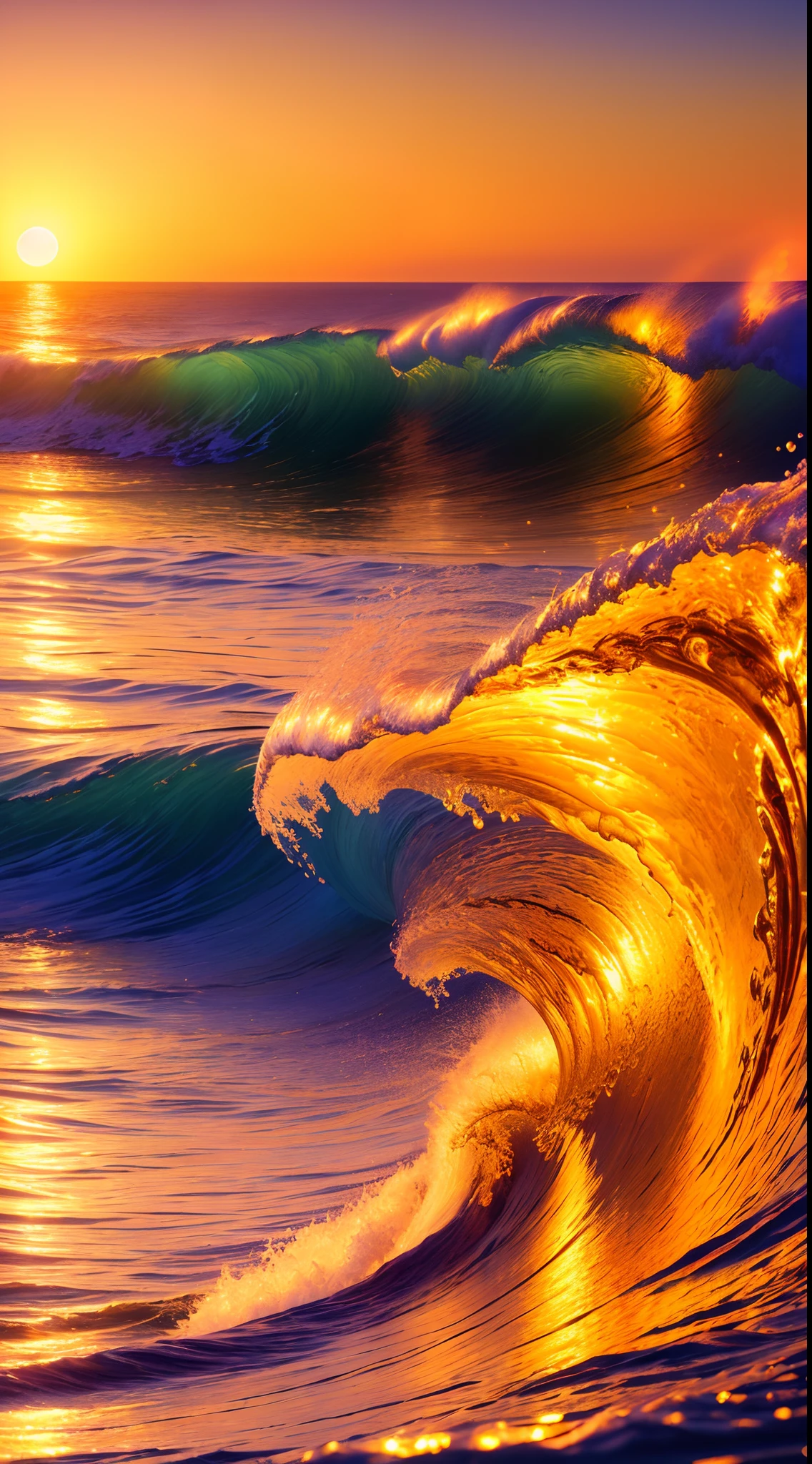 Masterpiece, best quality, (8k very detailed CG unit wallpaper) (best quality), (best illustration), (best shadows) a golden sea wave, bright orange aol sunset through the wave, golden droplets flying, (:1.6)