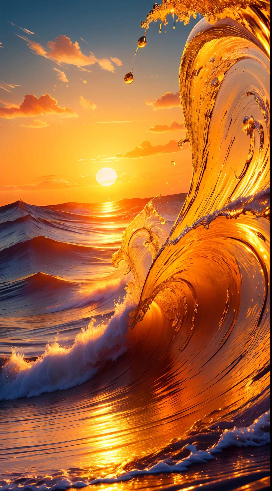 Masterpiece, best quality, (8k very detailed CG unit wallpaper) (best quality), (best illustration), (best shadows) a golden sea wave, bright orange aol sunset through the wave, golden droplets flying, (:1.6)