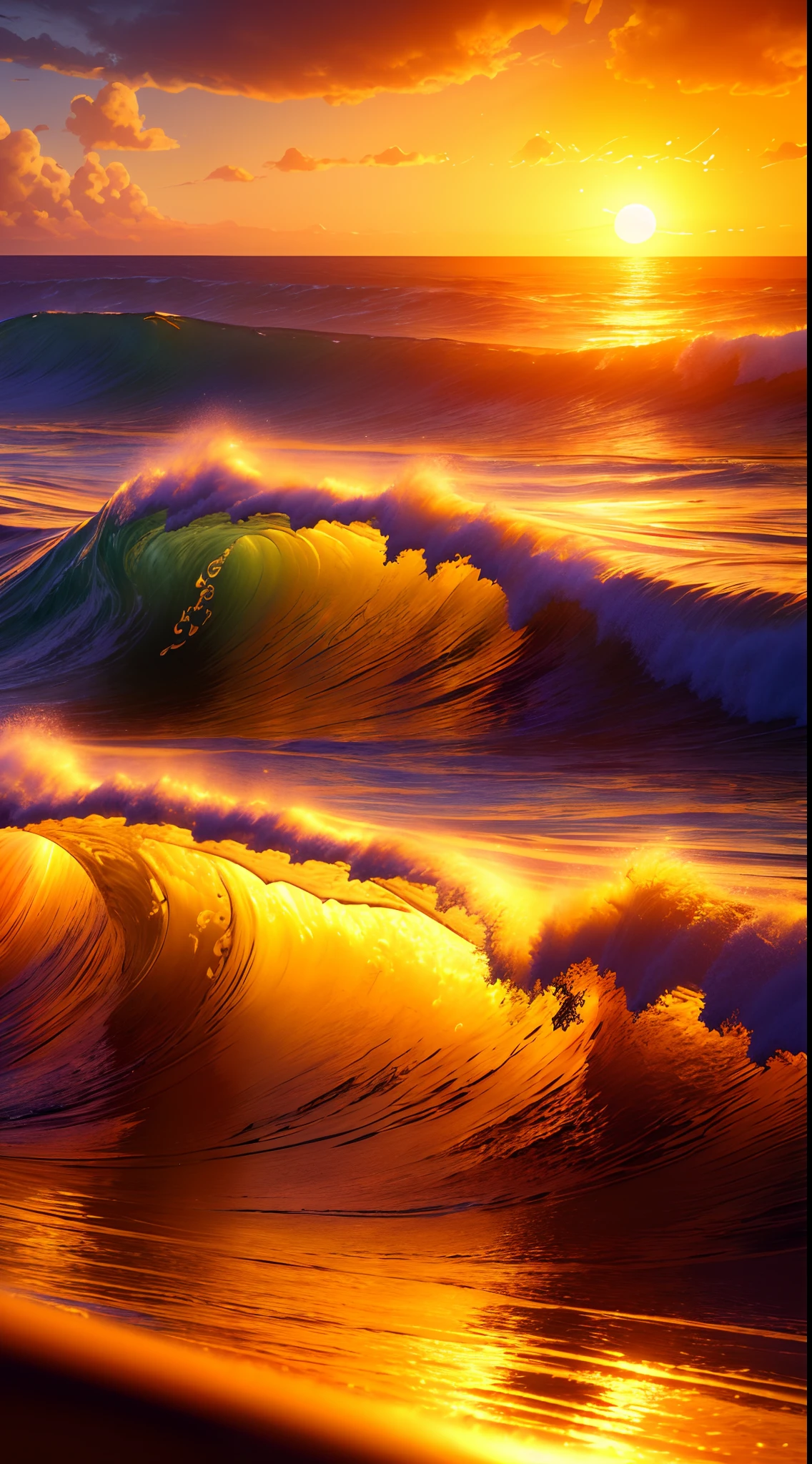 Masterpiece, best quality, (8k very detailed CG unit wallpaper) (best quality), (best illustration), (best shadows) a golden sea wave, bright orange aol sunset through the wave, golden droplets flying, (:1.6)