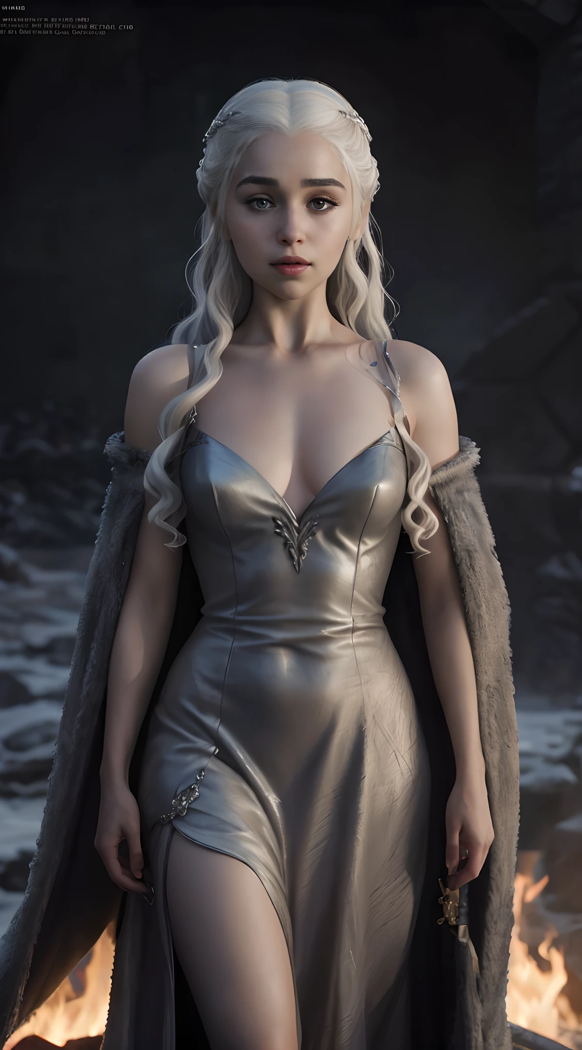 A woman in a silver dress stands in front of a fire, Daenerys, daenerys targaryen, Cinematic shot of the goddess's body, From the thrones, fantasy photoshoot, Cinematic Goddess Shot, Game of Thrones style, CGsociety inspired, Cinematic goddess close-up, queen of winter, ice queen, ice queen, Dragon Queen, inspired by Magali Villeneuve