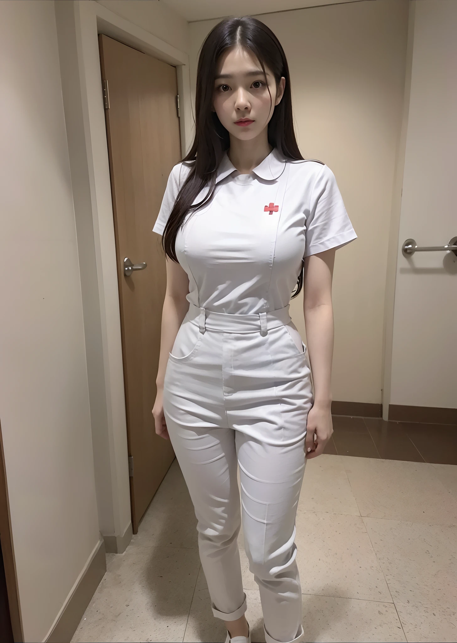 There was a woman in a white uniform, Nurse, full-body xianxia, nurse girl,  healthcare worker, Fitted nurse uniform，Split nurse overalls，Skinny white trousers，Nice nurse shoes，Beautiful face，medium boob，petite and slender figure，Stand dignified and generous，fully body photo