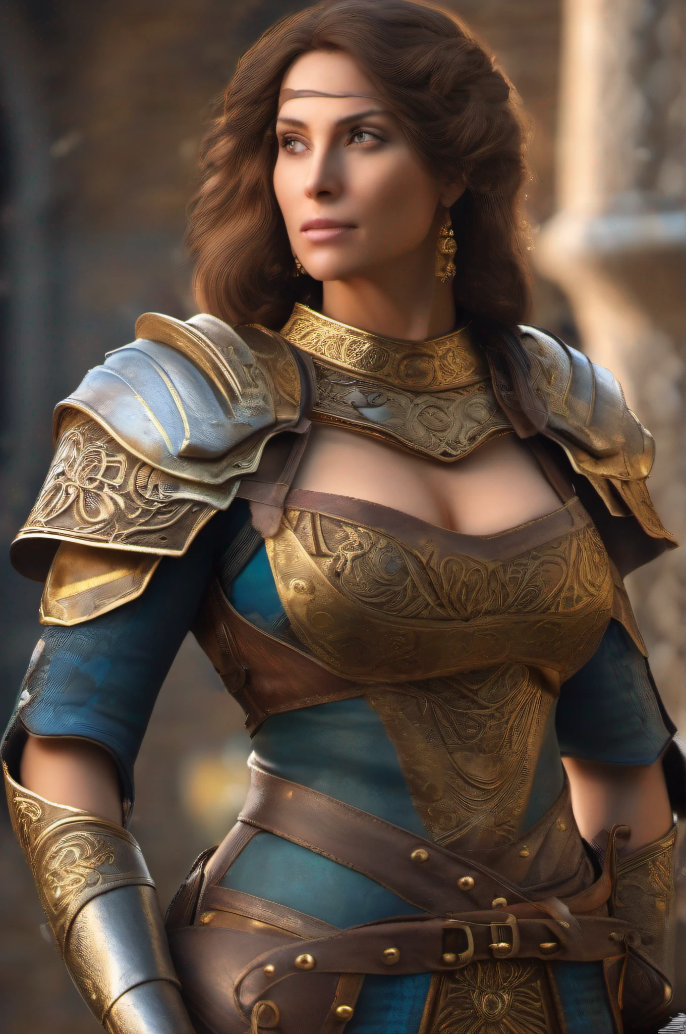 Uma mulher adulta com 40 anos com cabelos castanhos muito longos vestindo uma armadura dourada, corpo atletico, imagem de corpo inteiro, Fantasia Medieval corpo musculoso, Realistic image, imagem de alta qualidade, 4k, Ultra HD |, ((master part)), ((melhor qualidade)), ((Ultra Detalhado)), ((Highly detailed CG illustration)), light cinematic