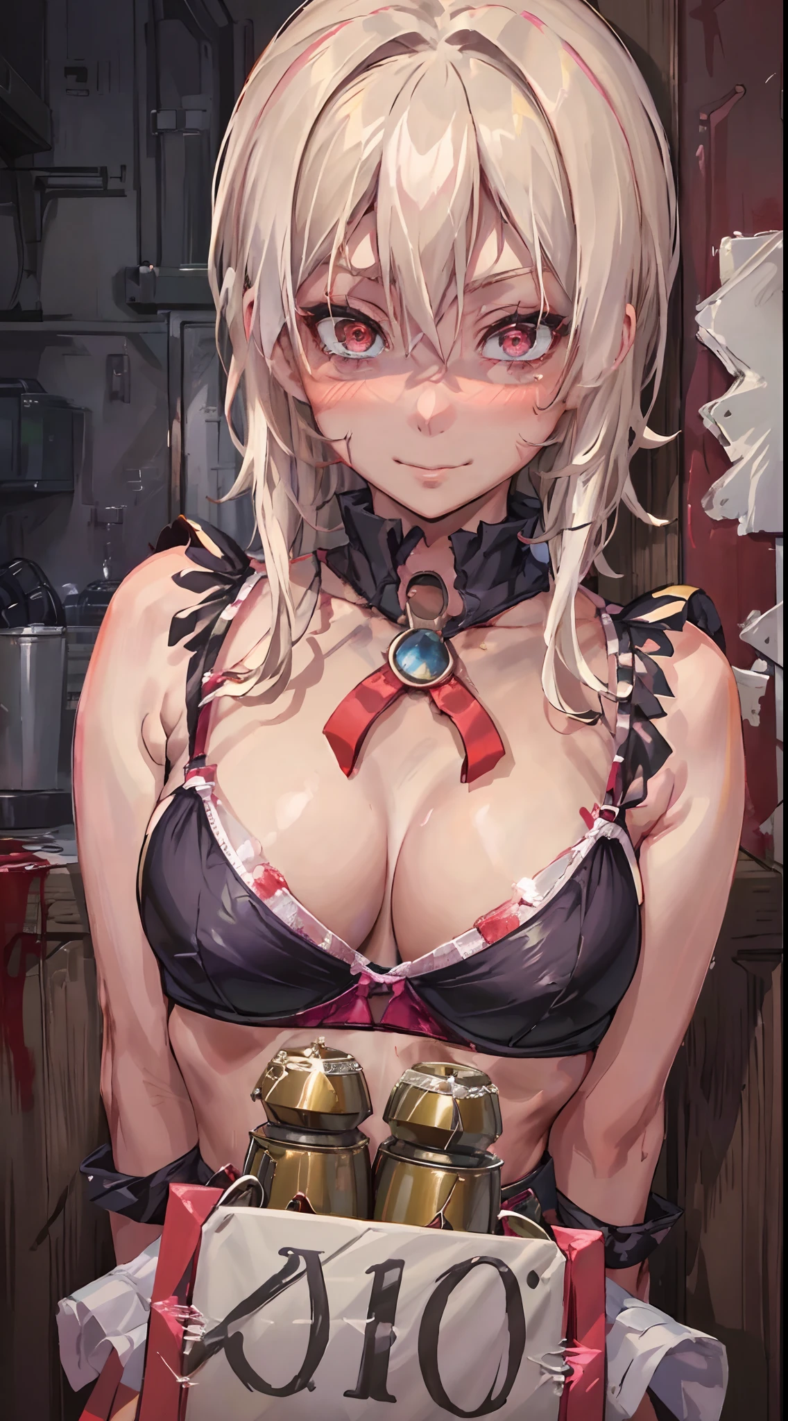 masterpiece, best quality, AliceKV4, 1girl, solo, looking at viewer, smile, anime coloring,((((upper body)))), (blushed, healthy skin), authority, (((bra))), blood on face, breasts,  sadistic girl,  bare shoulders,  sleeveless, (constricted pupils), ((waitress, blood)),  ((bdsm)), white hair, detailed eyes، red eyes