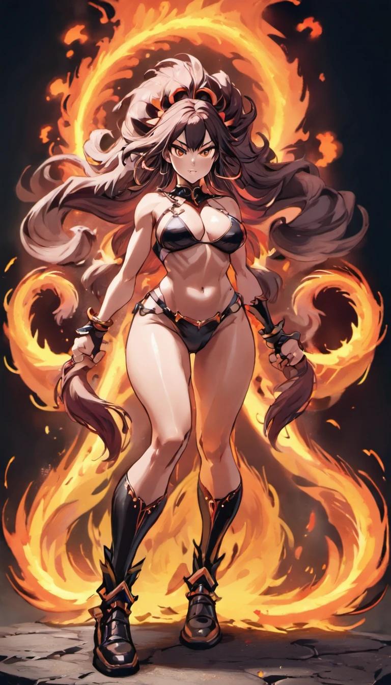 Incredibly strong muscular woman, Fire effect super long hair dragged on the ground, Delicate and perfect facial features, Huge size, Broad muscular shoulders, huge boob, Protruding abdominal muscles, Especially the huge buttocks, Super thick muscle legs, Two meters long legs, Exaggerated body proportions, Cool combat boots, The rump has nine long dragon tails, Bare skin clothing, Full body shot, Light particles, Ultra HD 4K, Ultra-detailed, Realistic:1.37, Vivid colors, Studio lighting, Physically-based rendering, Extreme detail description