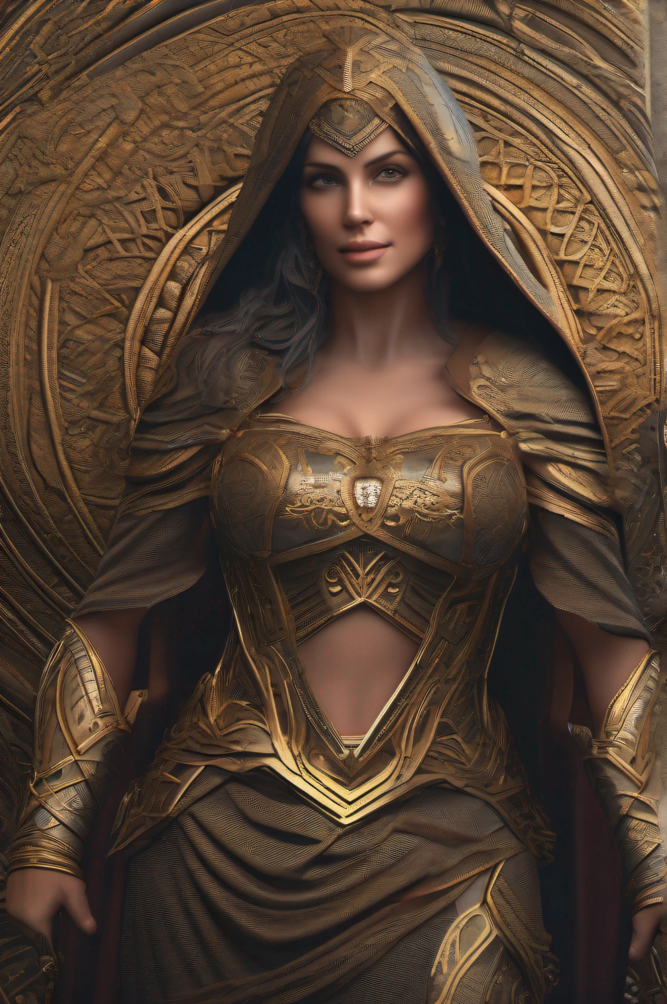 Uma mulher adulta com 40 anos com cabelos castanhos muito longos vestindo uma armadura dourada, corpo atletico, imagem de corpo inteiro, Fantasia Medieval corpo musculoso, Realistic image, imagem de alta qualidade, 4k, Ultra HD |, ((master part)), ((melhor qualidade)), ((Ultra Detalhado)), ((Highly detailed CG illustration)), light cinematic