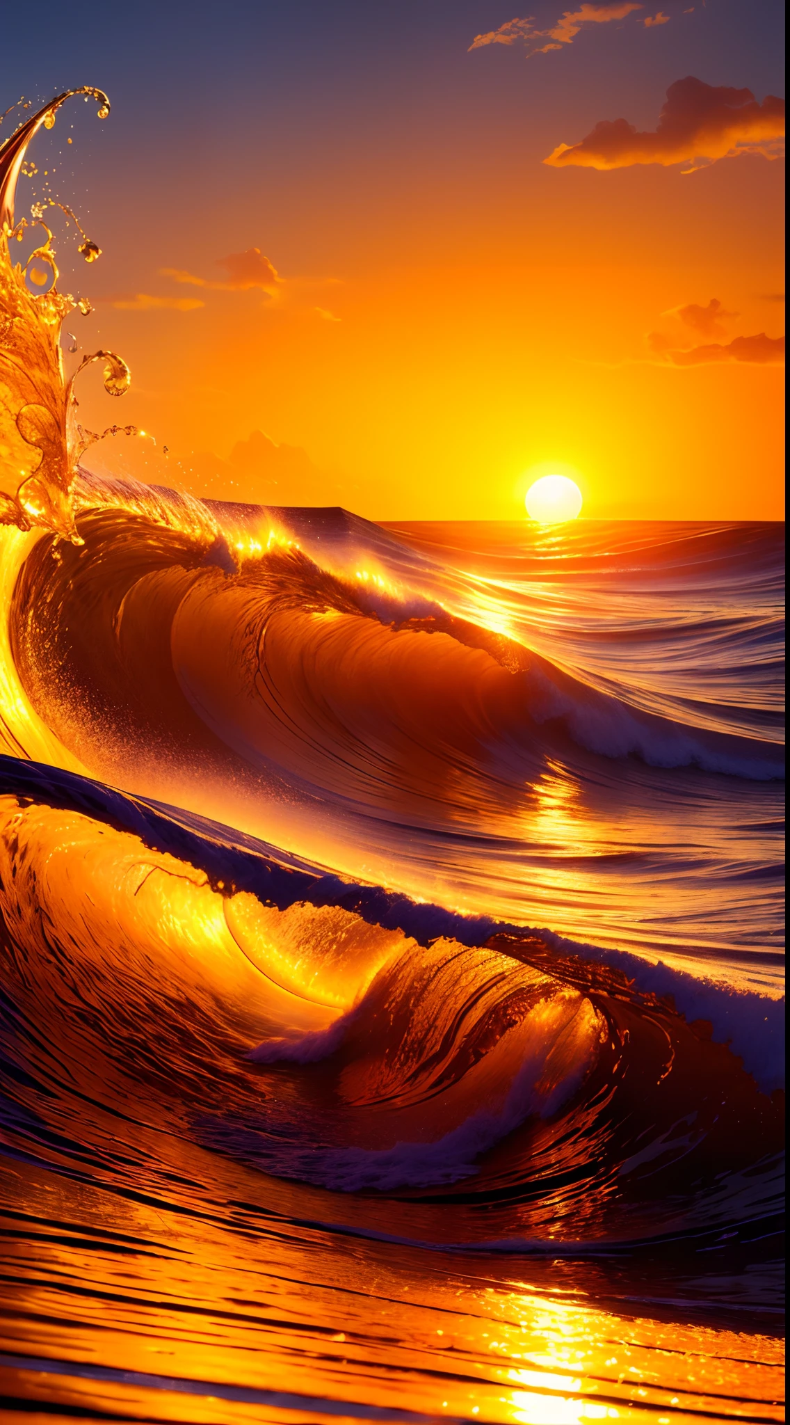 Masterpiece, best quality, (8k very detailed CG unit wallpaper) (best quality), (best illustration), (best shadows) a golden sea wave, bright orange aol sunset through the wave, golden droplets flying, (:1.6)